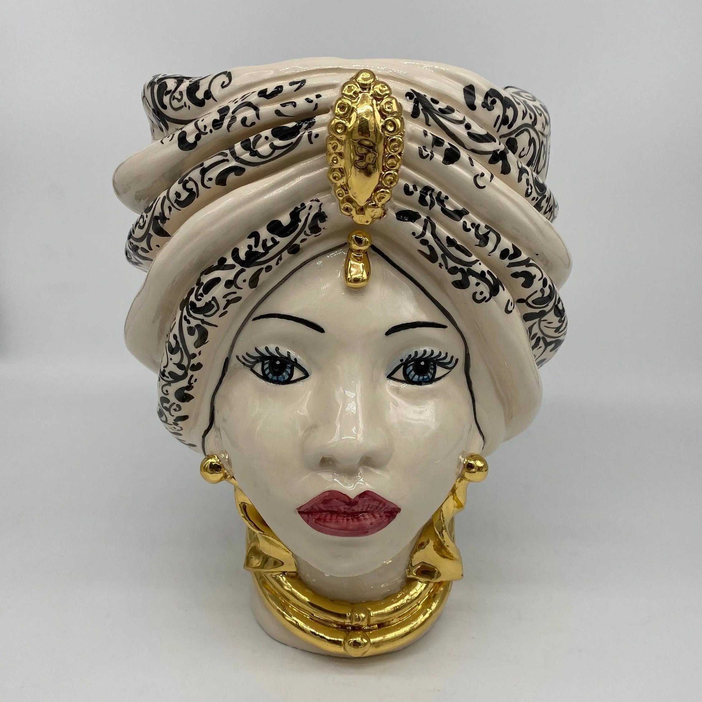 Teste di Moro Atena Ceramica Caltagirone cm H.24 L.18 Artigianale Bianco Decoro Barocco Oro DD CERAMICHE SICILIANE