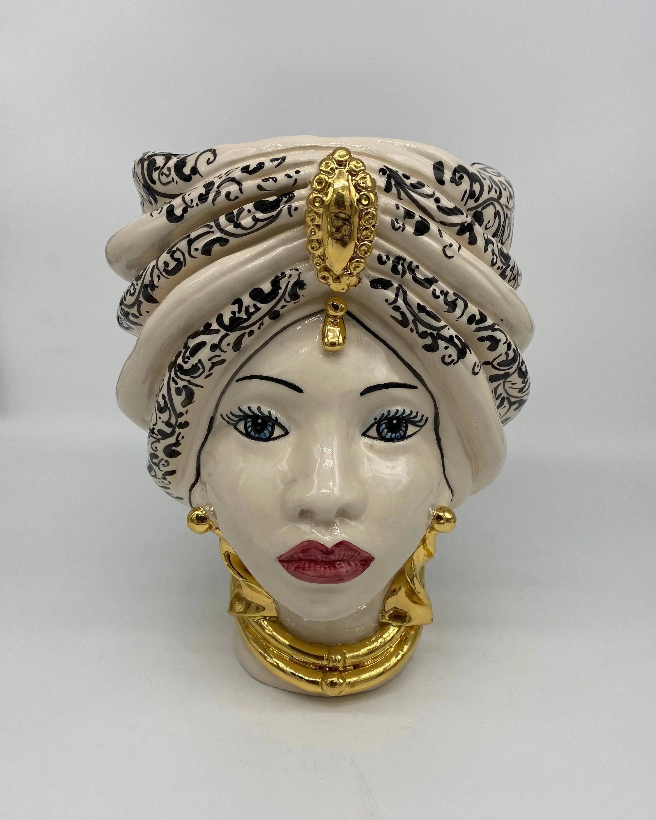Teste di Moro Atena Ceramica Caltagirone cm H.24 L.18 Artigianale Bianco Decoro Barocco Oro DD CERAMICHE SICILIANE