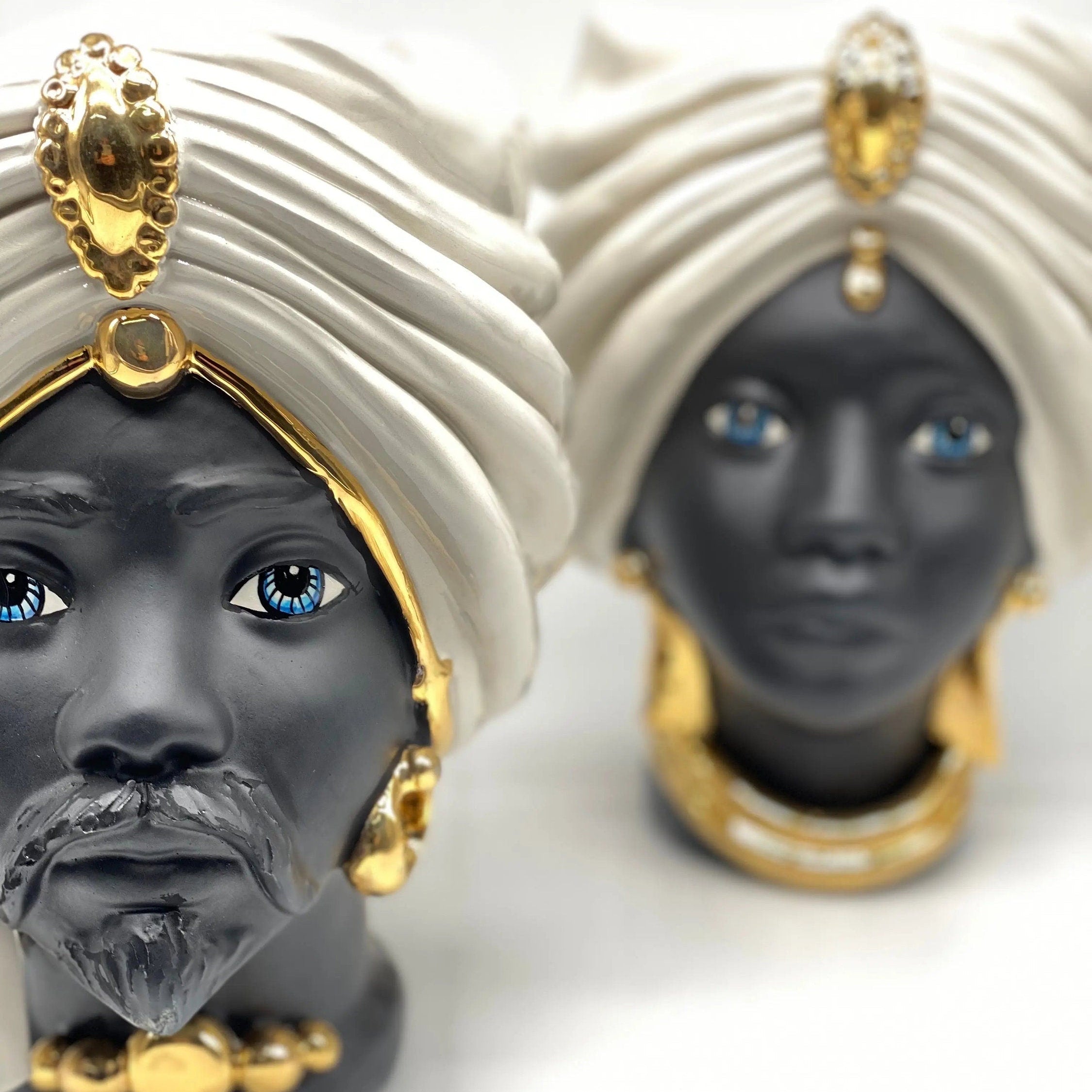 Teste di Moro Atena Ceramica Caltagirone cm H.24 L.18 Artigianale Bianco Nero Oro DD CERAMICHE SICILIANE