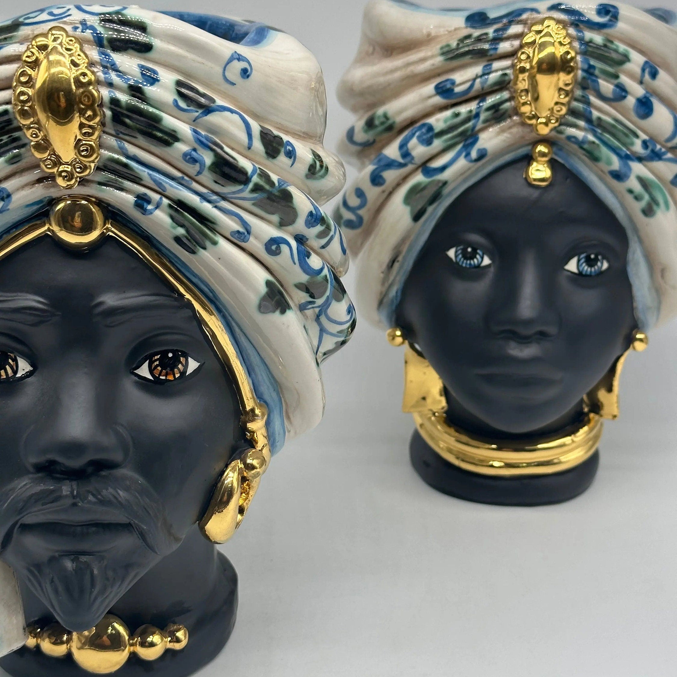 Teste di Moro Atena Ceramica Caltagirone cm H.24 L.18 Artigianale Bianco Barocco Blu Verde Oro DD CERAMICHE SICILIANE