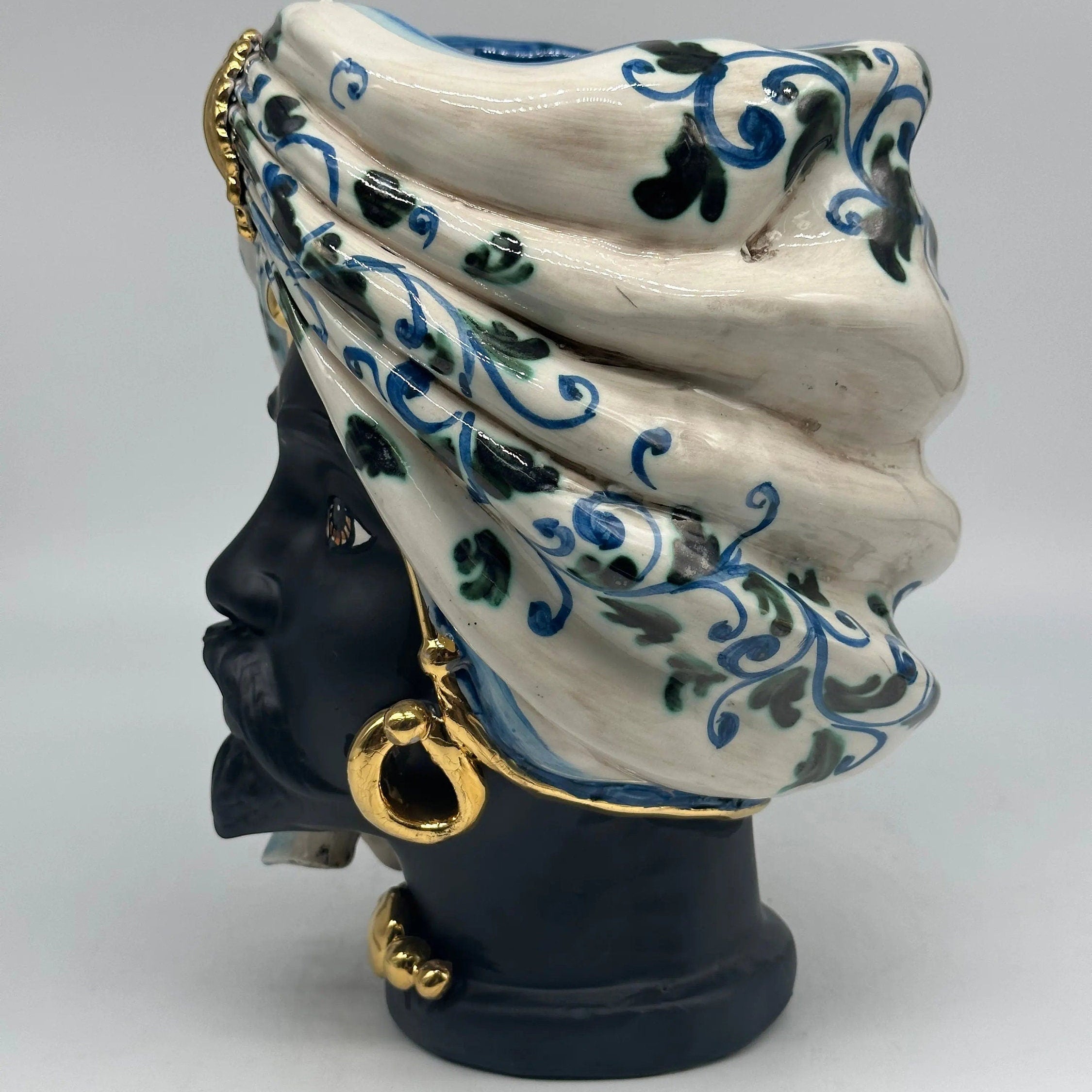 Teste di Moro Atena Ceramica Caltagirone cm H.24 L.18 Artigianale Bianco Barocco Blu Verde Oro DD CERAMICHE SICILIANE