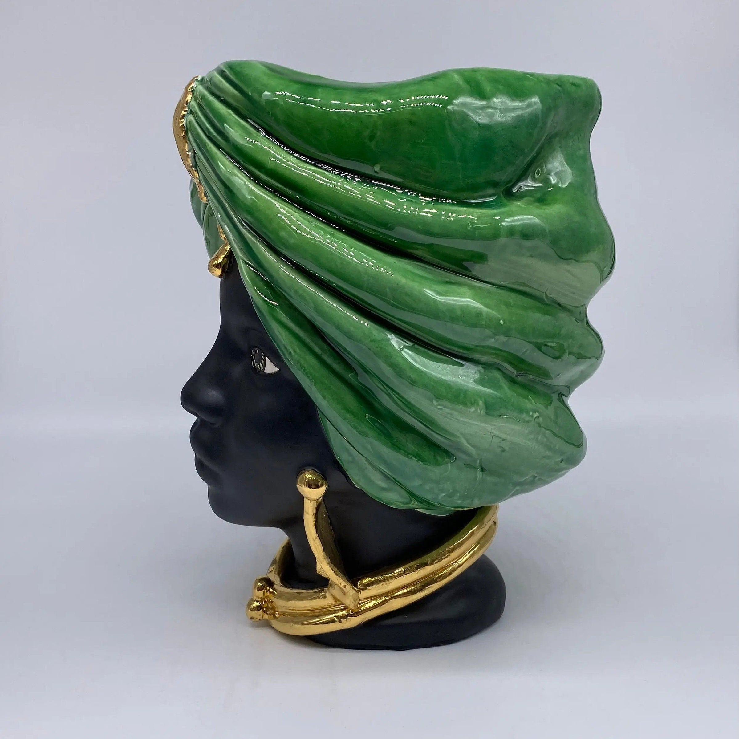 Teste di Moro Atena Ceramica Caltagirone cm H.24 L.18 Artigianale Verde Cristallo Opaco Oro DD CERAMICHE SICILIANE