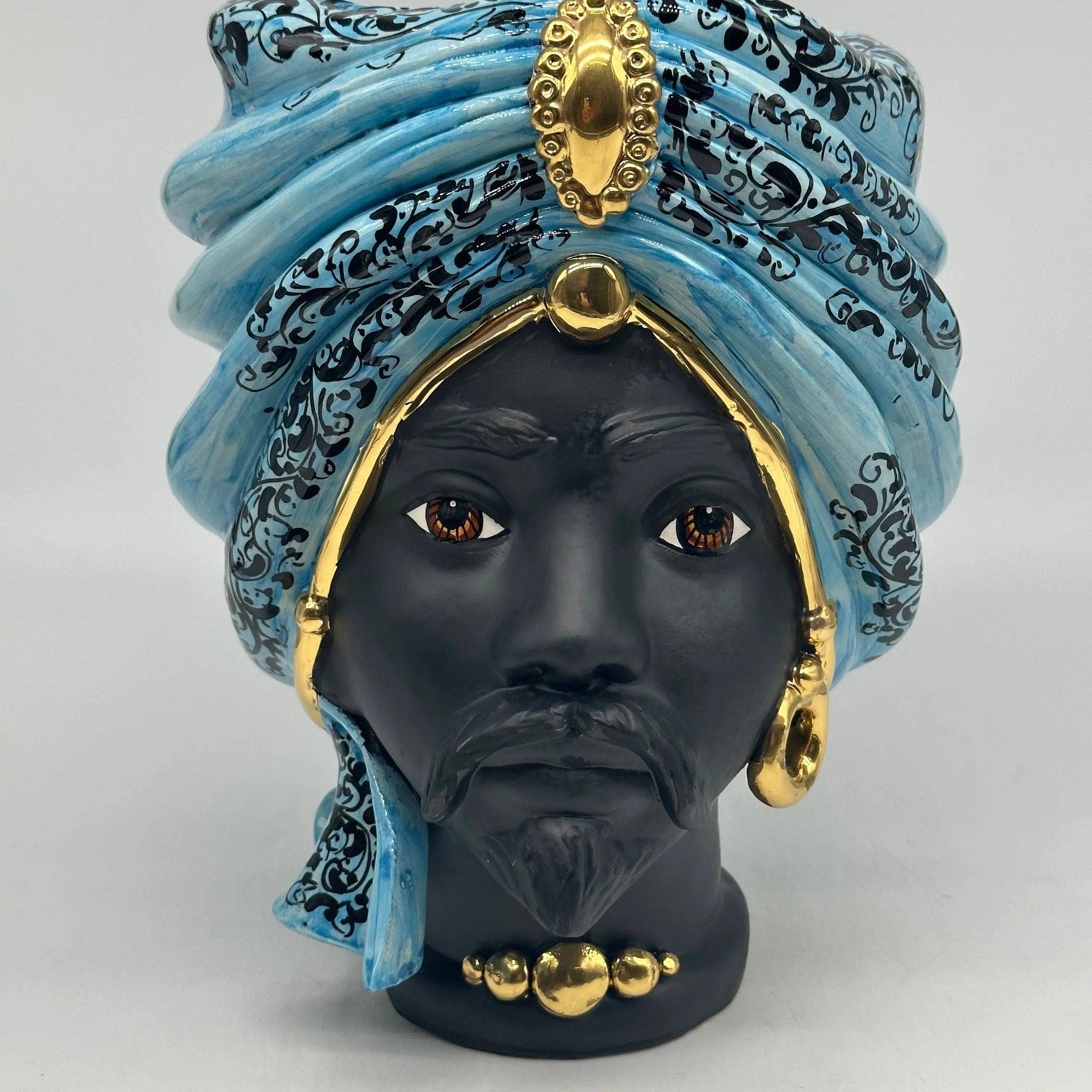 Teste di Moro Atena Ceramica Caltagirone cm H.24 L.18 Artigianale Opaco Celeste Barocco Oro DD CERAMICHE SICILIANE