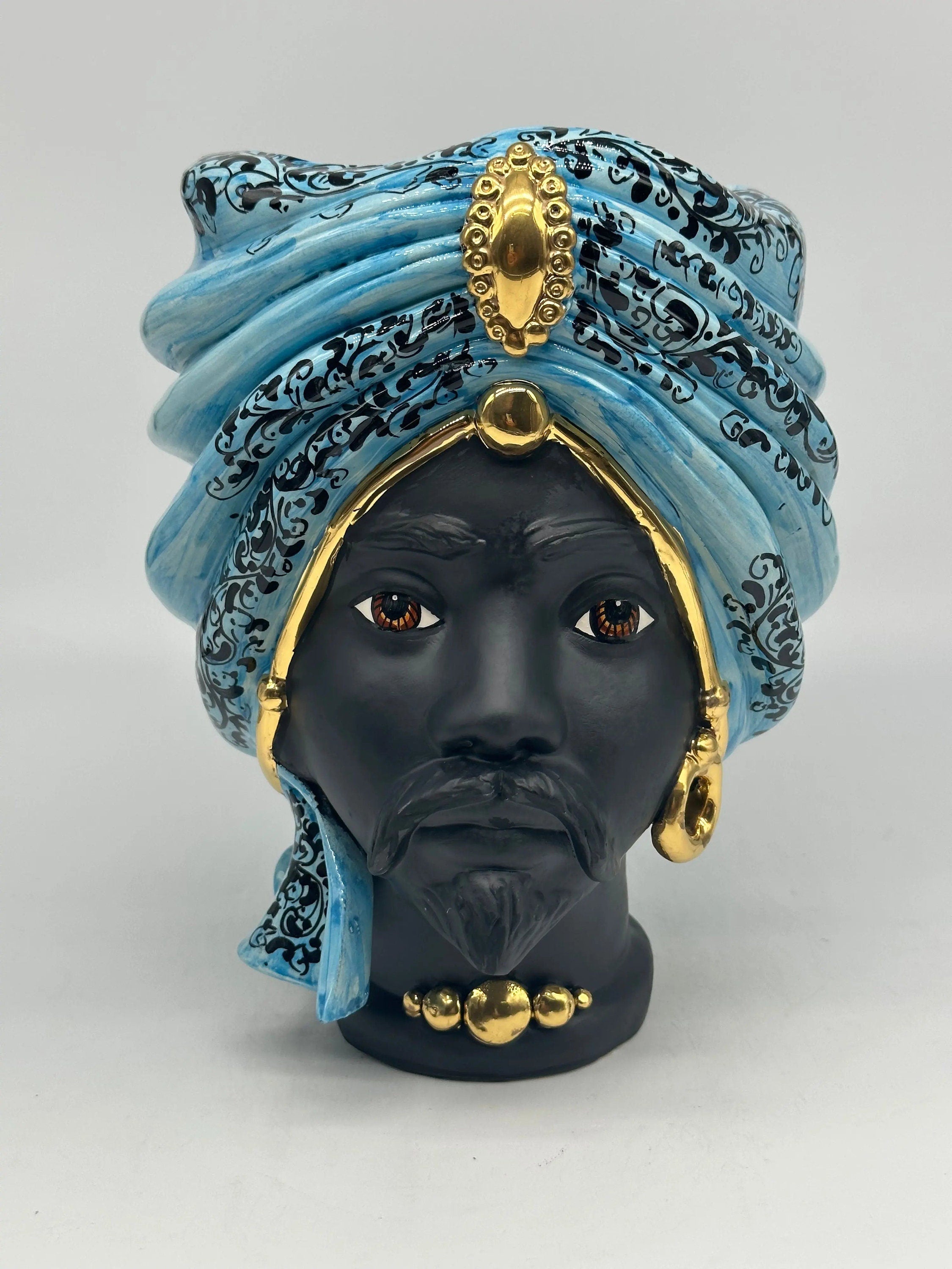 Teste di Moro Atena Ceramica Caltagirone cm H.24 L.18 Artigianale Opaco Celeste Barocco Oro DD CERAMICHE SICILIANE