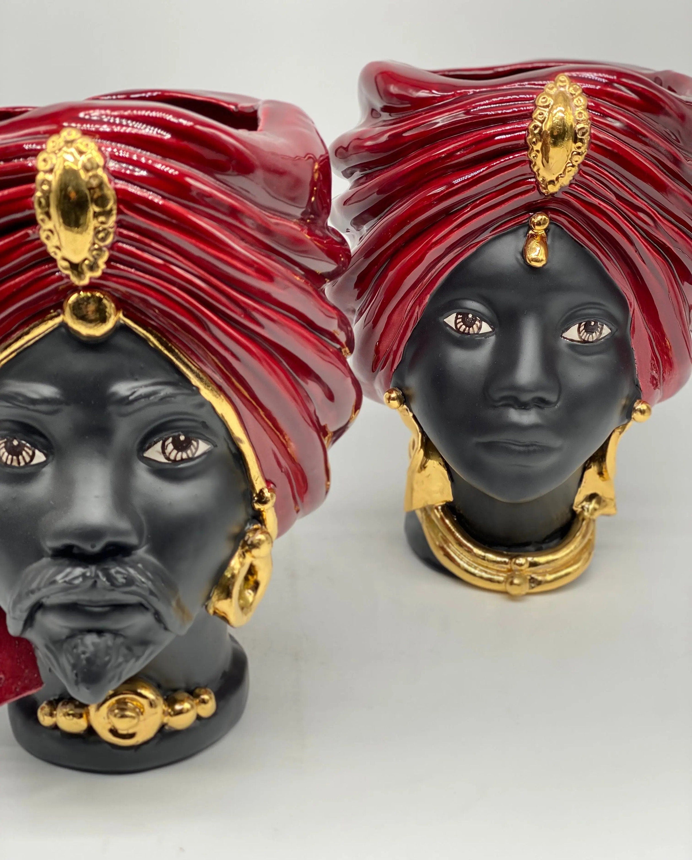 Teste di Moro Atena Ceramica Caltagirone cm H.24 L.18 Artigianale Bordeaux Opaco Oro DD CERAMICHE SICILIANE