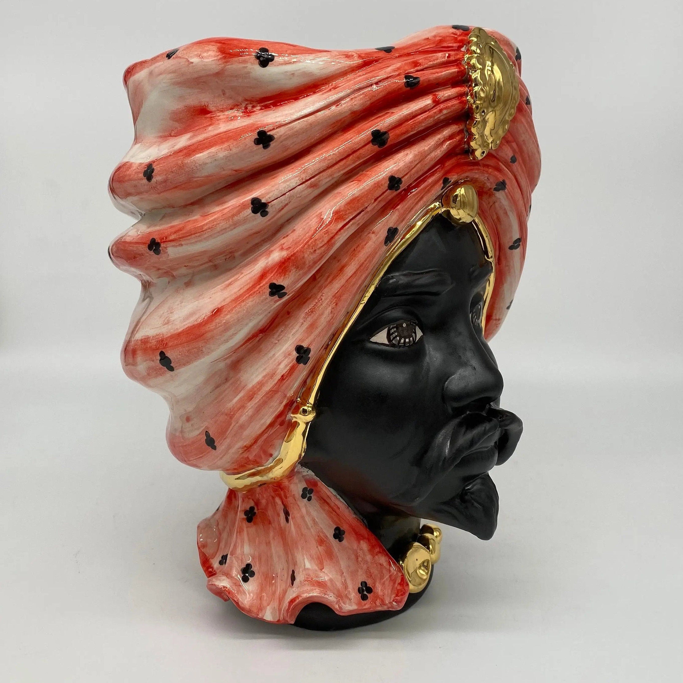 Teste di Moro Atena Ceramica Caltagirone cm H.24 L.18 Artigianale Rosso Pois Nero Oro DD CERAMICHE SICILIANE