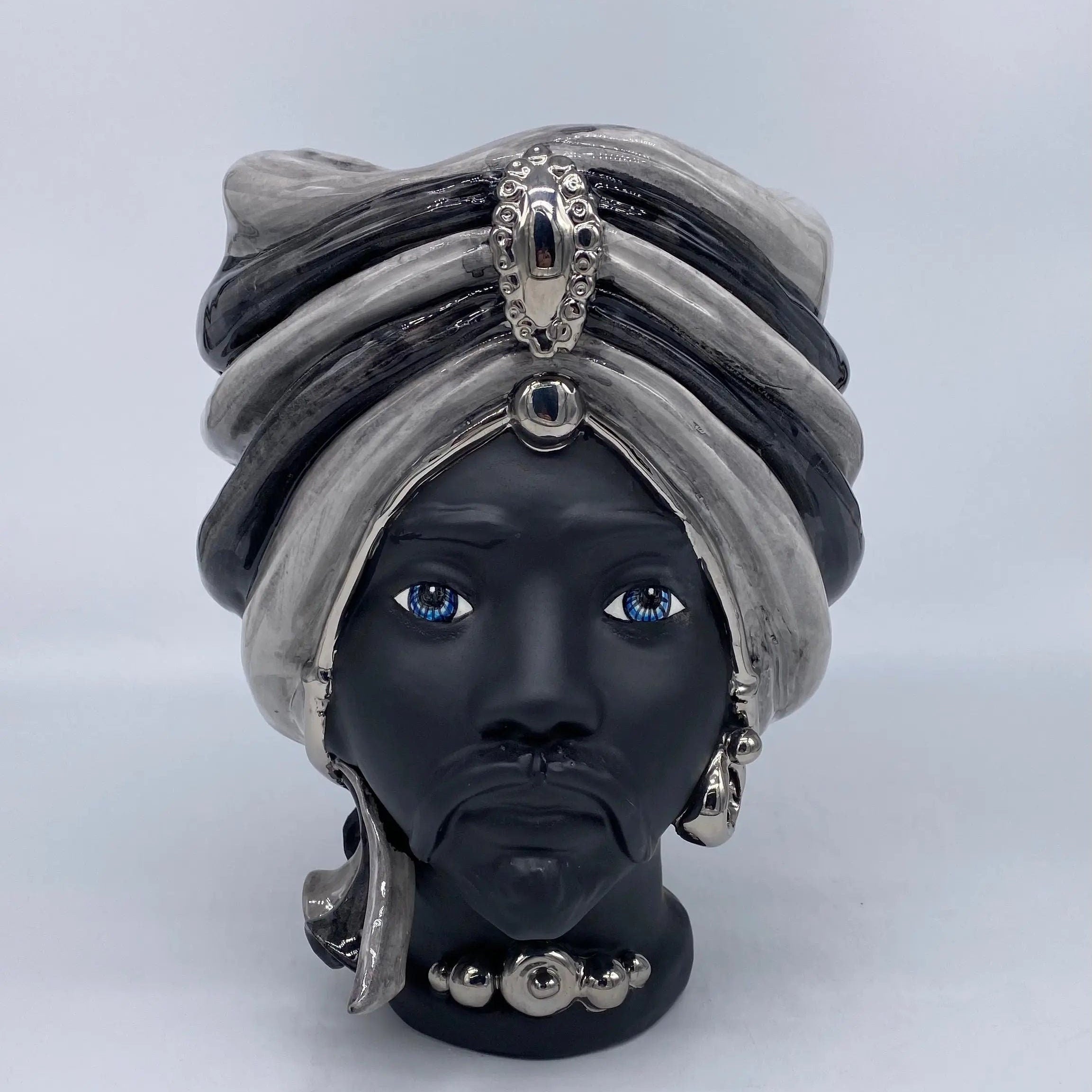 Teste di Moro Atena Ceramica Caltagirone cm H.24 L.18 Artigianale Grigio Nero Platino DD CERAMICHE SICILIANE