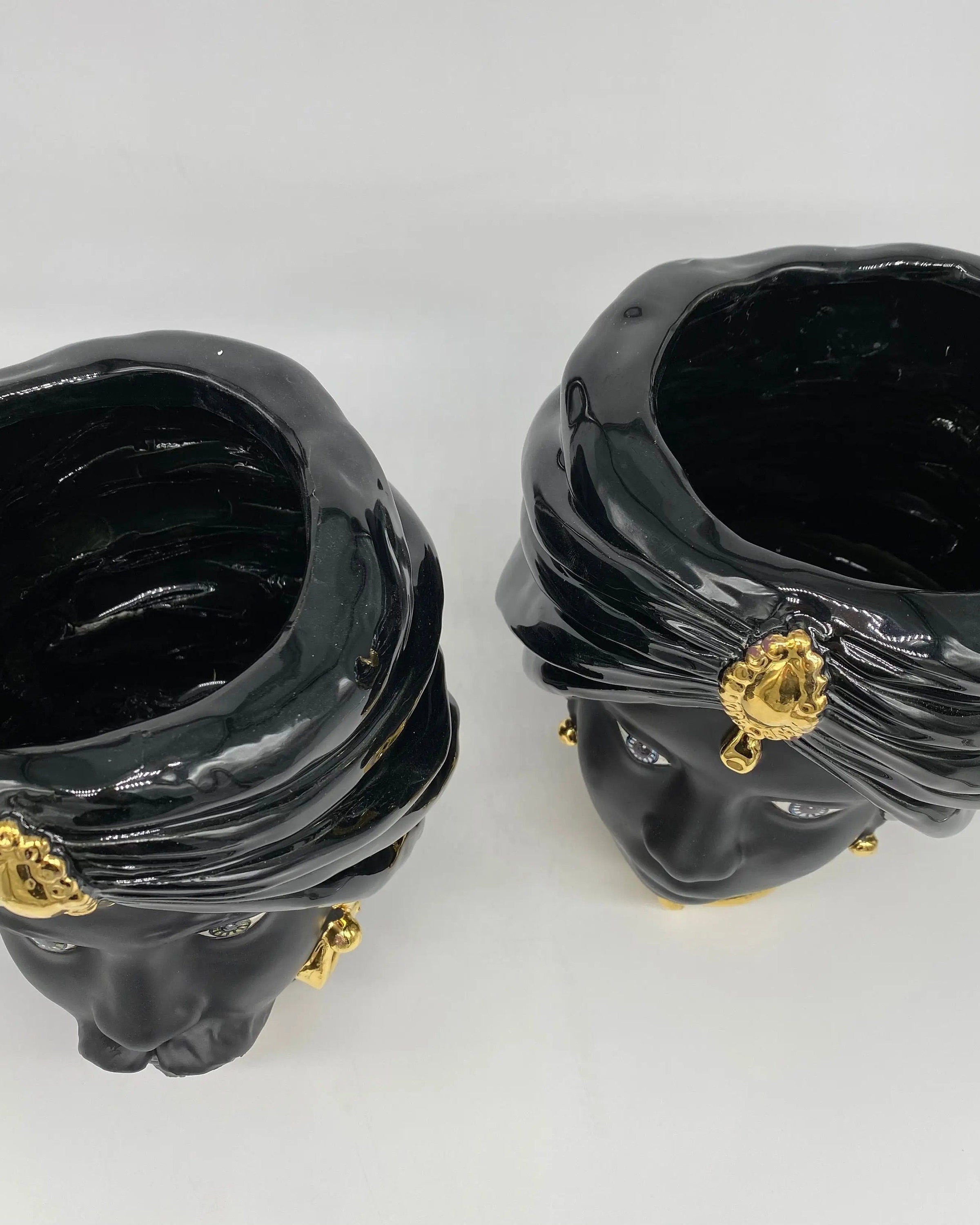Teste di Moro Atena Ceramica Caltagirone cm H.24 L.18 Artigianale Nero Oro DD CERAMICHE SICILIANE