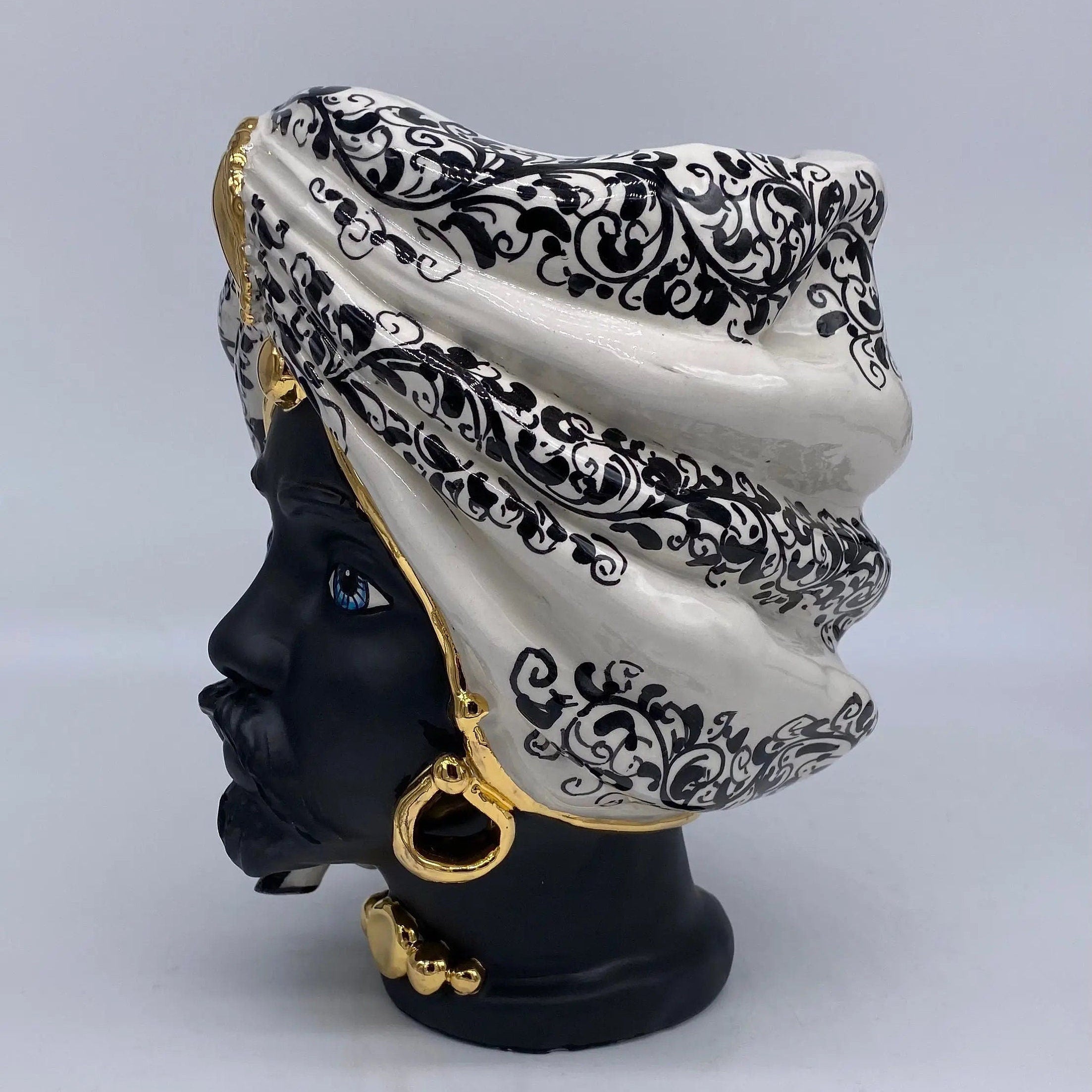 Teste di Moro Atena Ceramica Caltagirone cm H.24 L.18 Artigianale Opaco Bianco Barocco Oro DD CERAMICHE SICILIANE