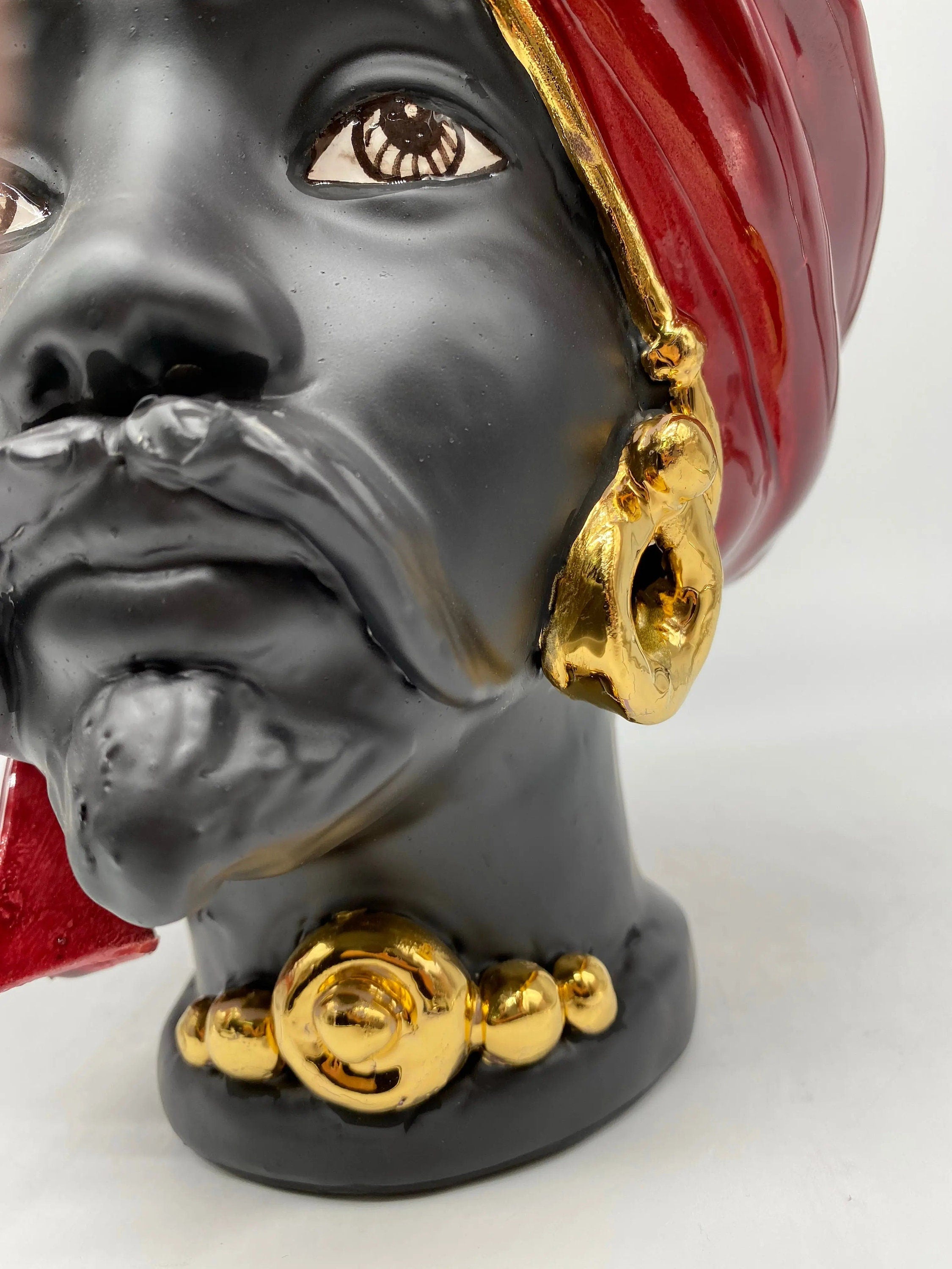 Teste di Moro Atena Ceramica Caltagirone cm H.24 L.18 Artigianale Bordeaux Opaco Oro DD CERAMICHE SICILIANE