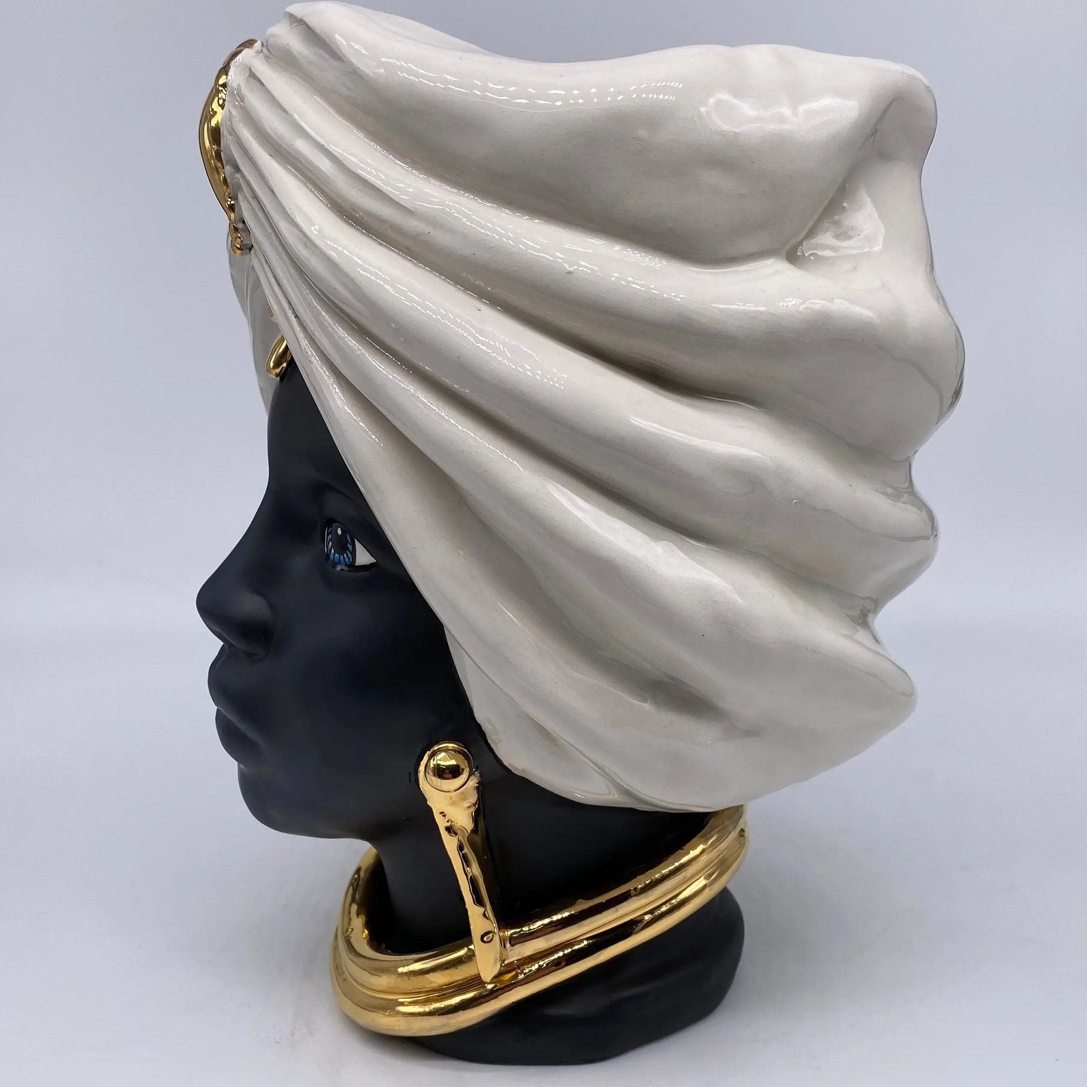 Teste di Moro Atena Ceramica Caltagirone cm H.24 L.18 Artigianale Bianco Nero Oro DD CERAMICHE SICILIANE