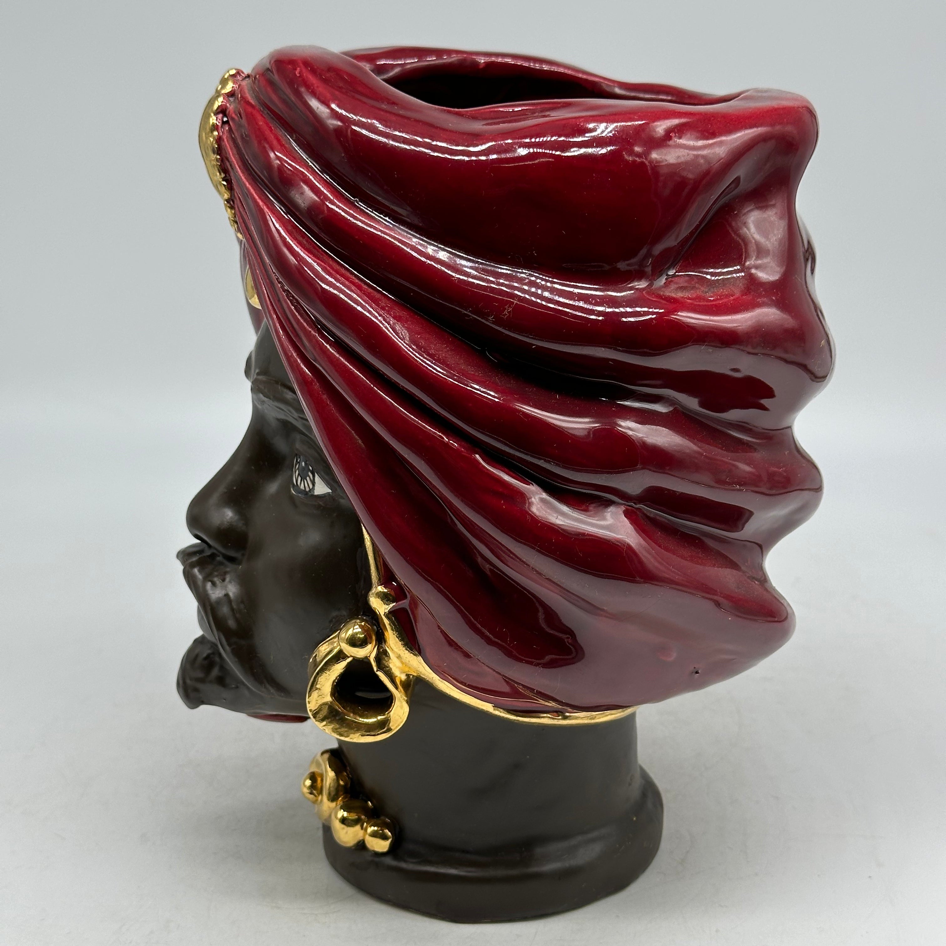 Teste di Moro Atena Ceramica Caltagirone cm H.24 L.18 Artigianale Bordeaux Marrone Oro - TESTE DI MORO