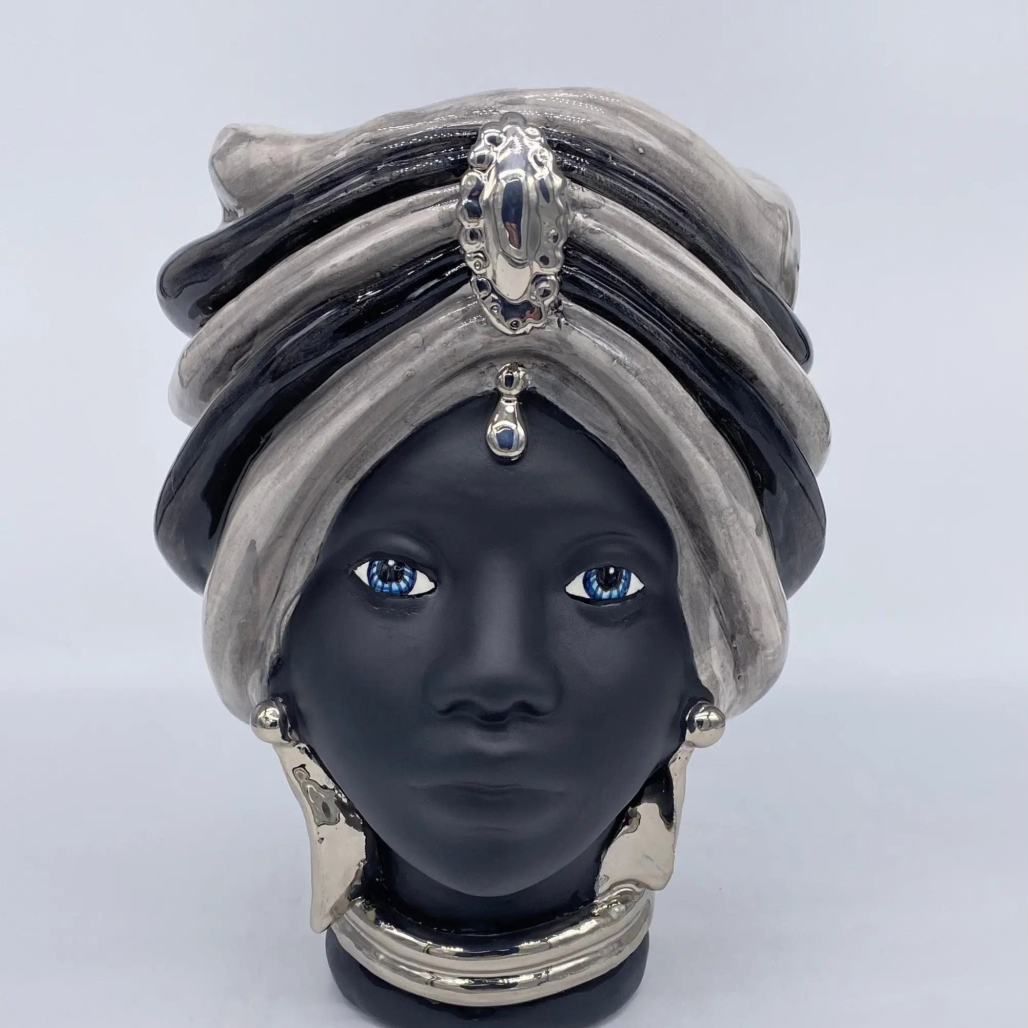 Teste di Moro Atena Ceramica Caltagirone cm H.24 L.18 Artigianale Grigio Nero Platino DD CERAMICHE SICILIANE