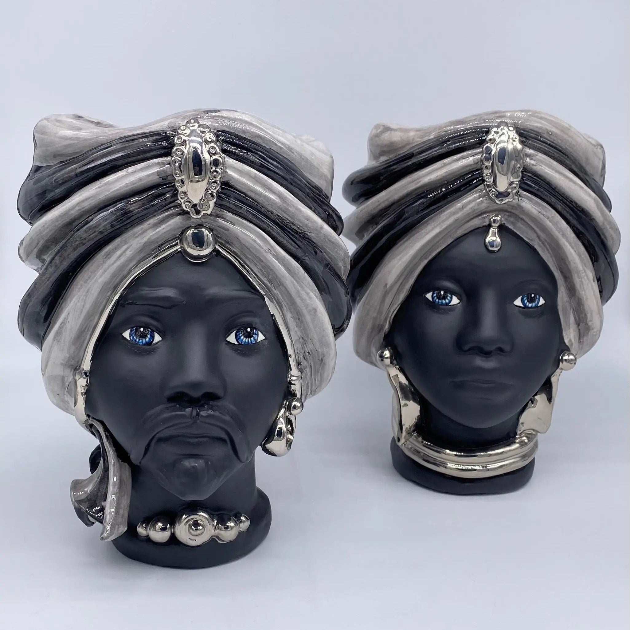 Teste di Moro Atena Ceramica Caltagirone cm H.24 L.18 Artigianale Grigio Nero Platino DD CERAMICHE SICILIANE