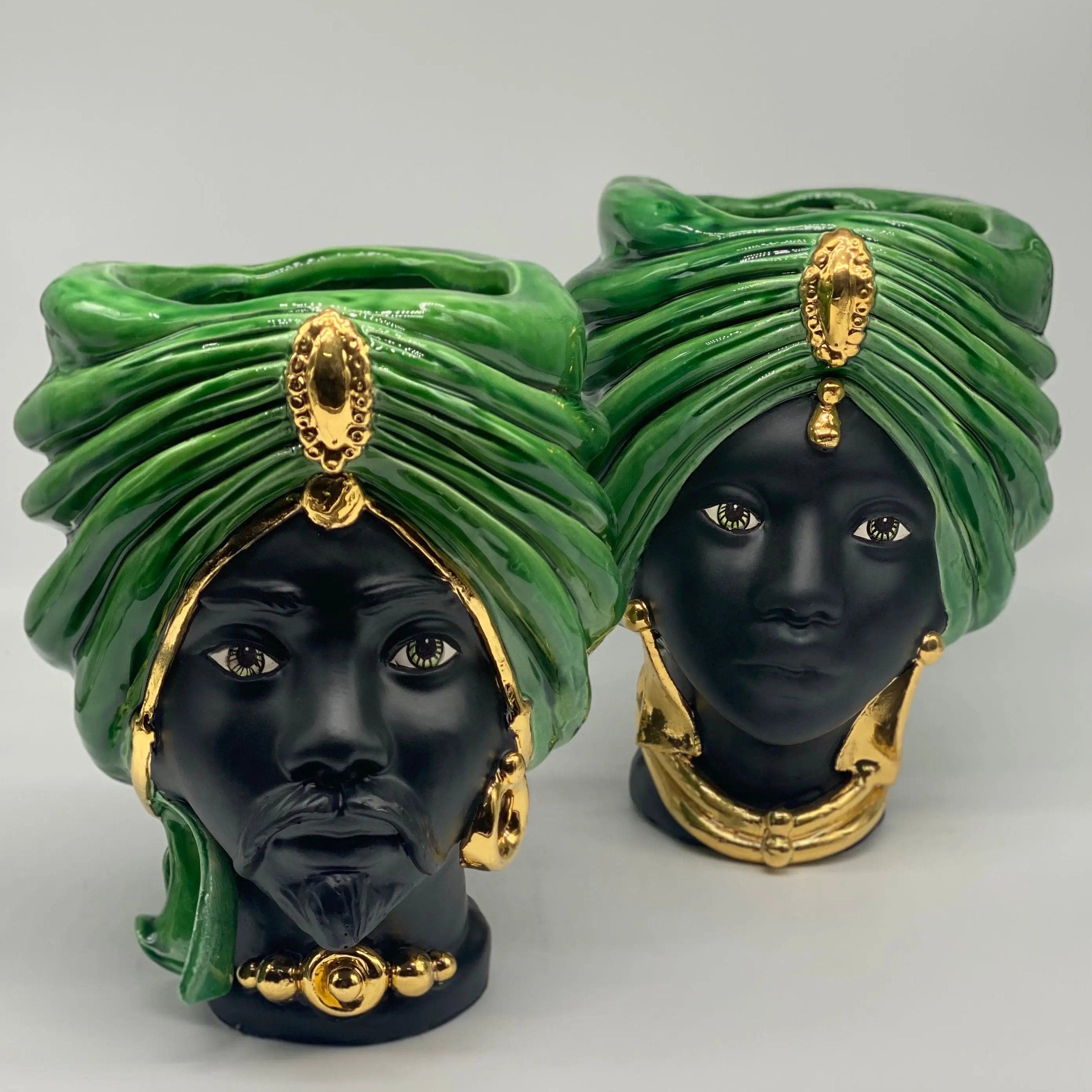 Teste di Moro Atena Ceramica Caltagirone cm H.24 L.18 Artigianale Verde Cristallo Opaco Oro DD CERAMICHE SICILIANE