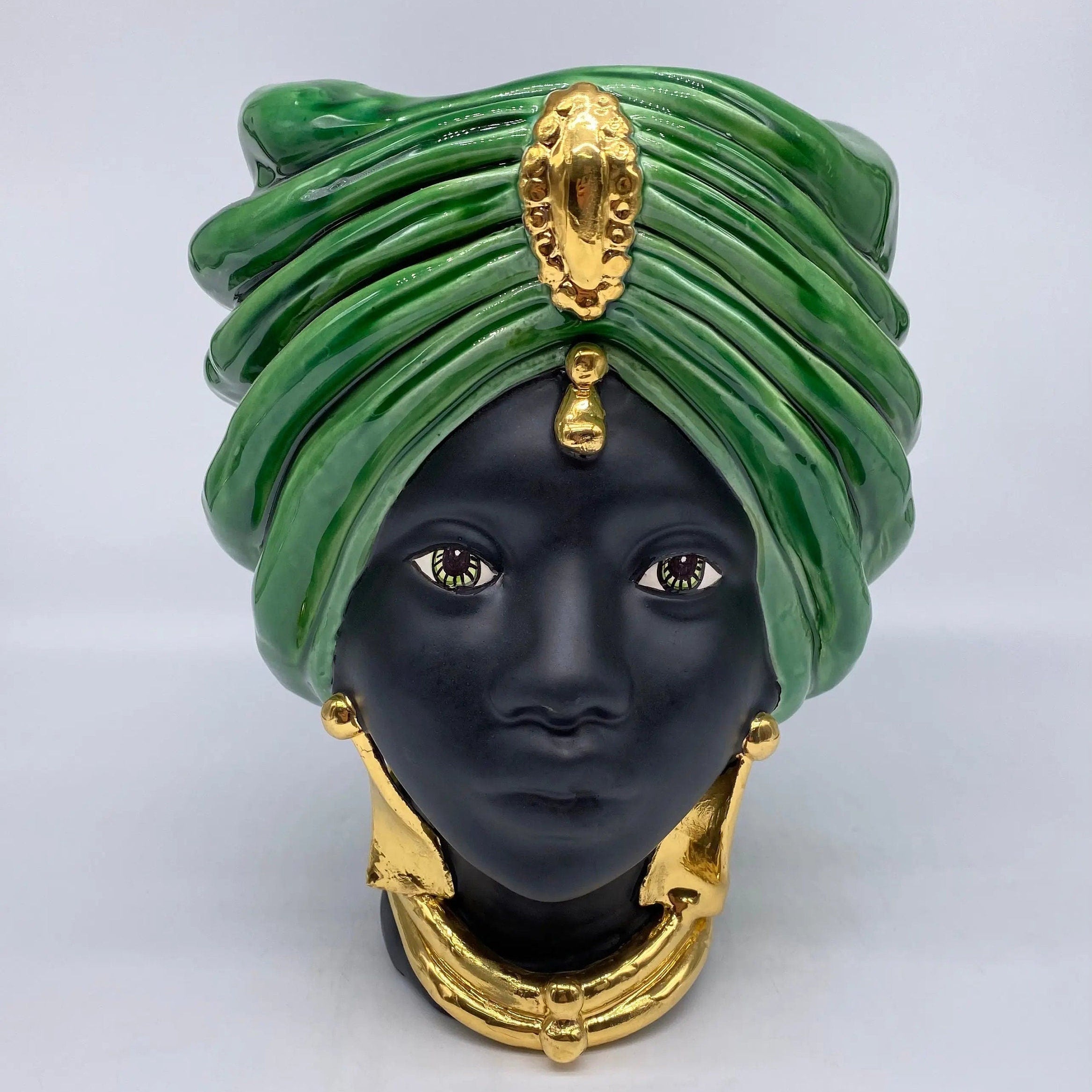 Teste di Moro Atena Ceramica Caltagirone cm H.24 L.18 Artigianale Verde Cristallo Opaco Oro DD CERAMICHE SICILIANE