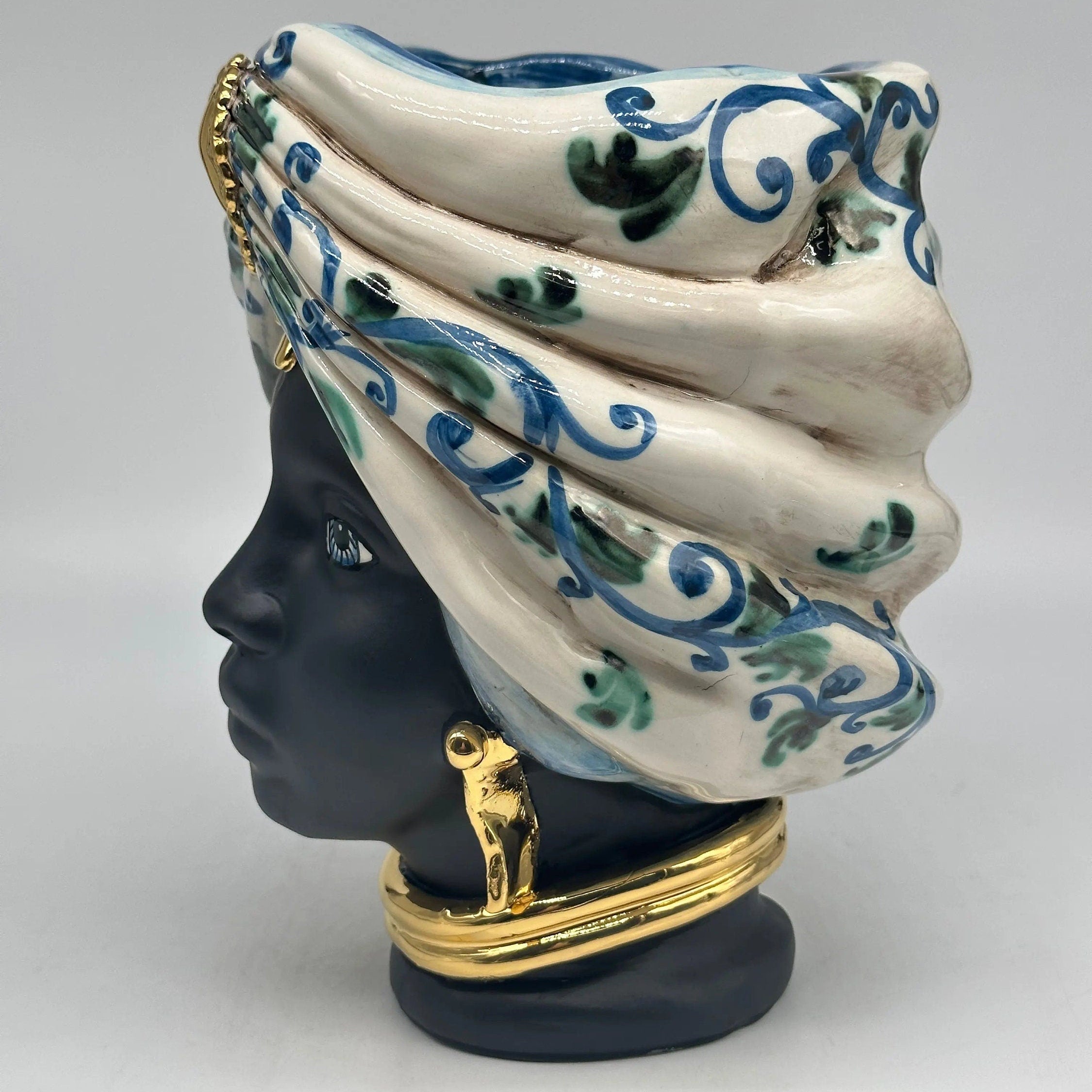 Teste di Moro Atena Ceramica Caltagirone cm H.24 L.18 Artigianale Bianco Barocco Blu Verde Oro DD CERAMICHE SICILIANE
