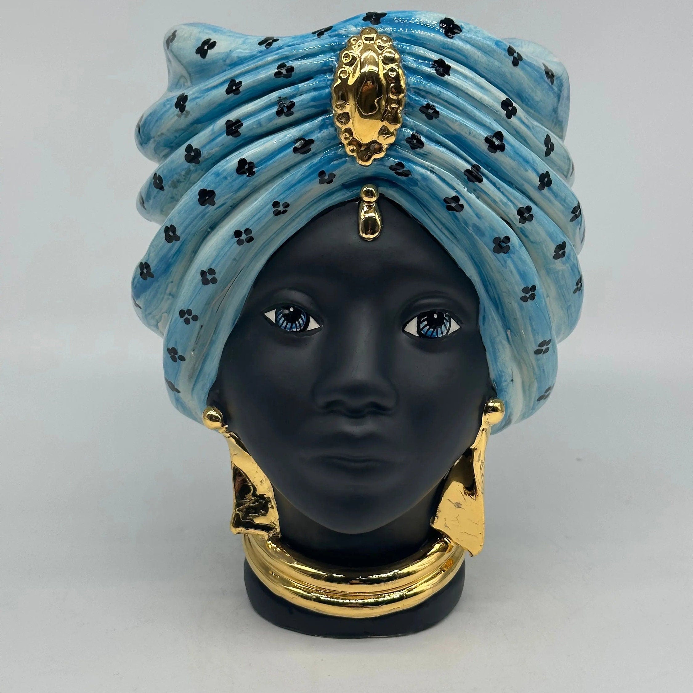 Teste di Moro Atena Ceramica Caltagirone cm H.24 L.18 Artigianale Celeste Pois Nero Oro DD CERAMICHE SICILIANE