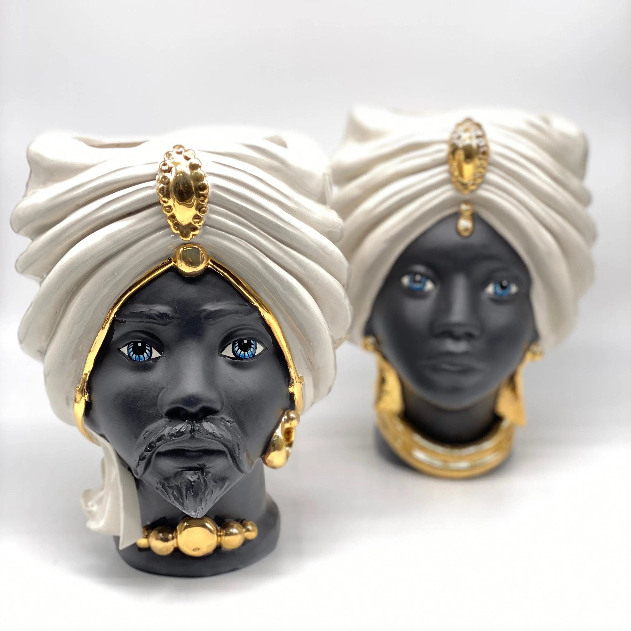 Teste di Moro Atena Ceramica Caltagirone cm H.24 L.18 Artigianale Bianco Nero Oro DD CERAMICHE SICILIANE