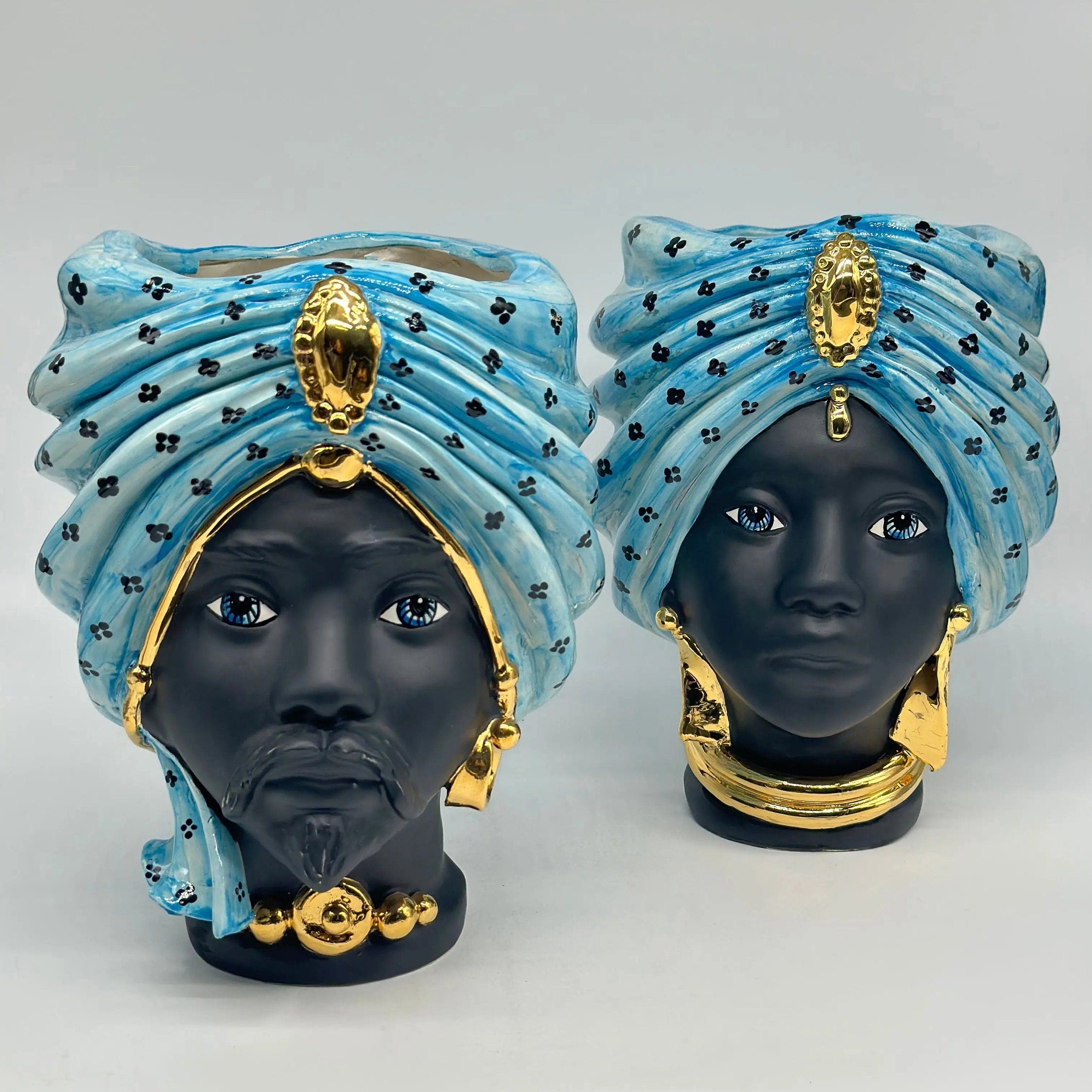 Teste di Moro Atena Ceramica Caltagirone cm H.24 L.18 Artigianale Celeste Pois Nero Oro DD CERAMICHE SICILIANE