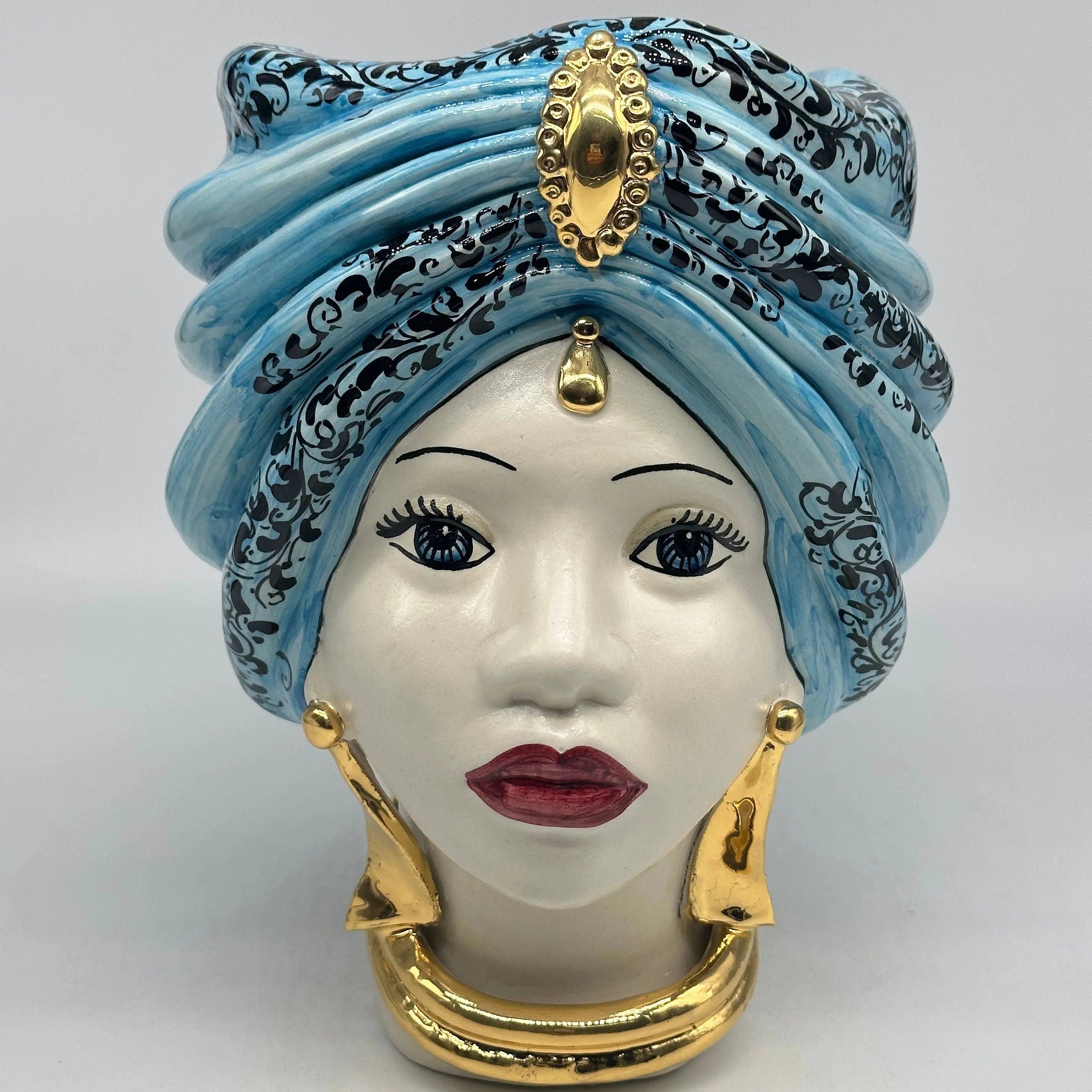 Teste di Moro Atena Ceramica Caltagirone cm H.24 L.18 Artigianale Opaco Celeste Barocco Oro DD CERAMICHE SICILIANE