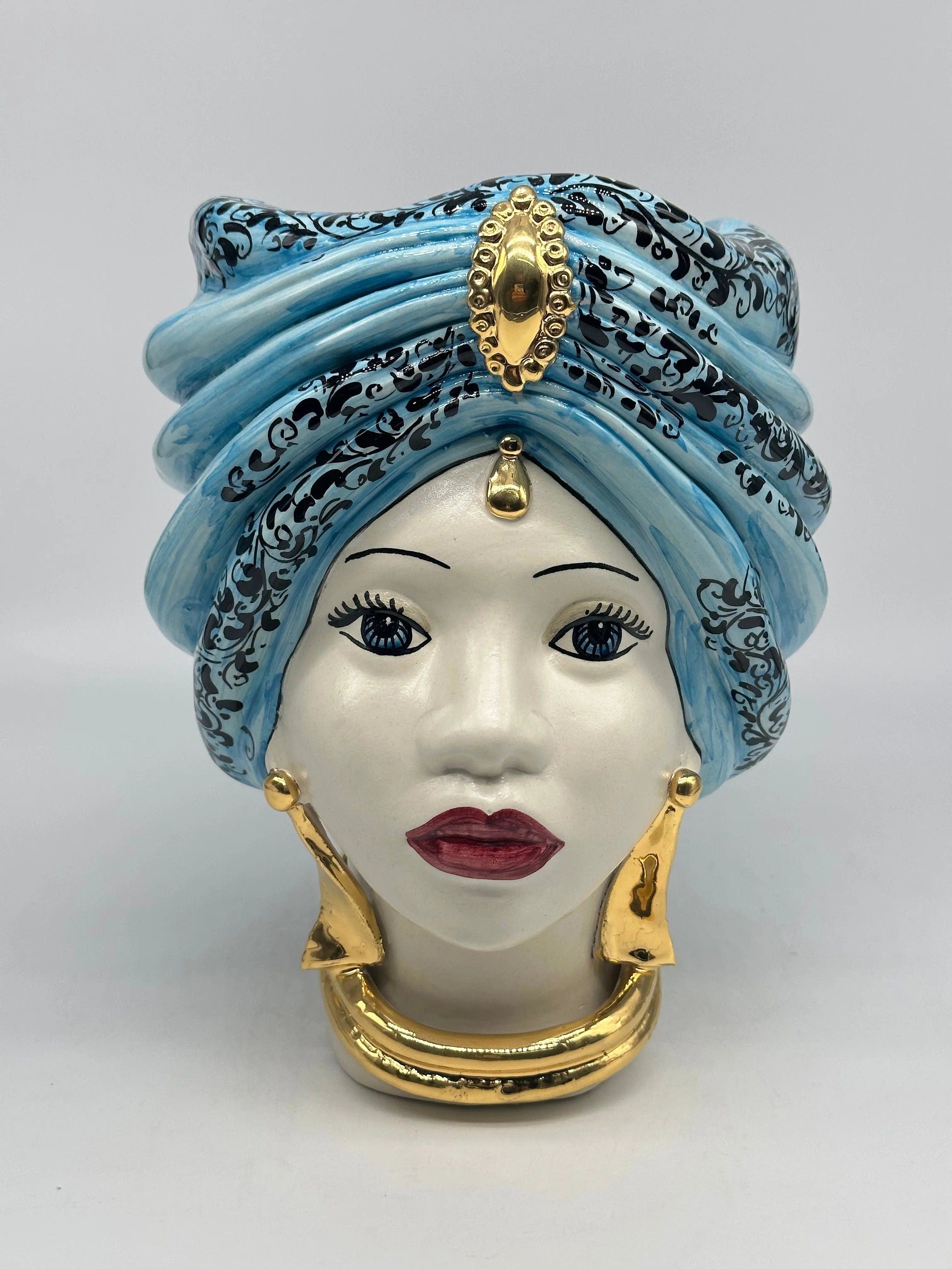 Teste di Moro Atena Ceramica Caltagirone cm H.24 L.18 Artigianale Opaco Celeste Barocco Oro DD CERAMICHE SICILIANE