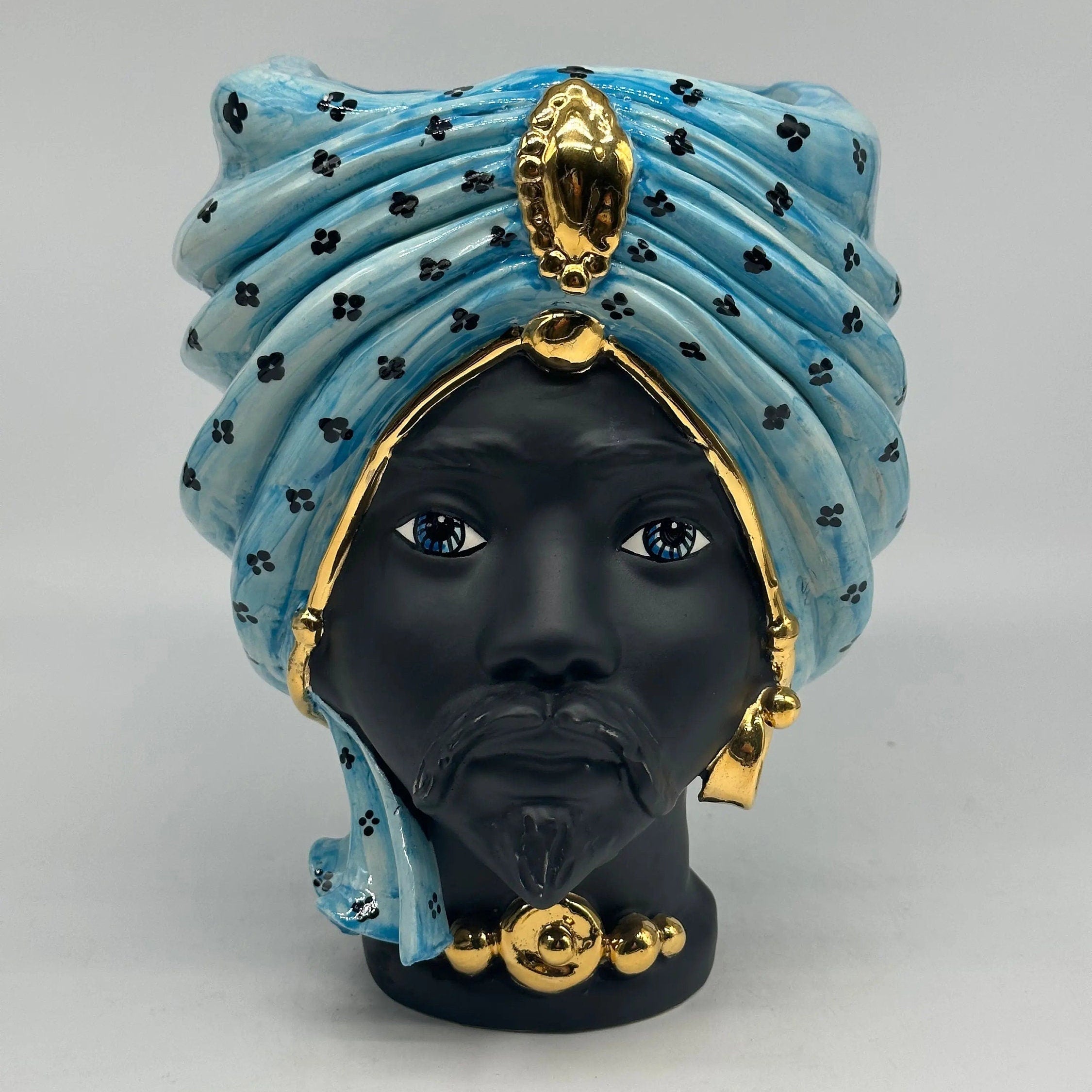 Teste di Moro Atena Ceramica Caltagirone cm H.24 L.18 Artigianale Celeste Pois Nero Oro DD CERAMICHE SICILIANE