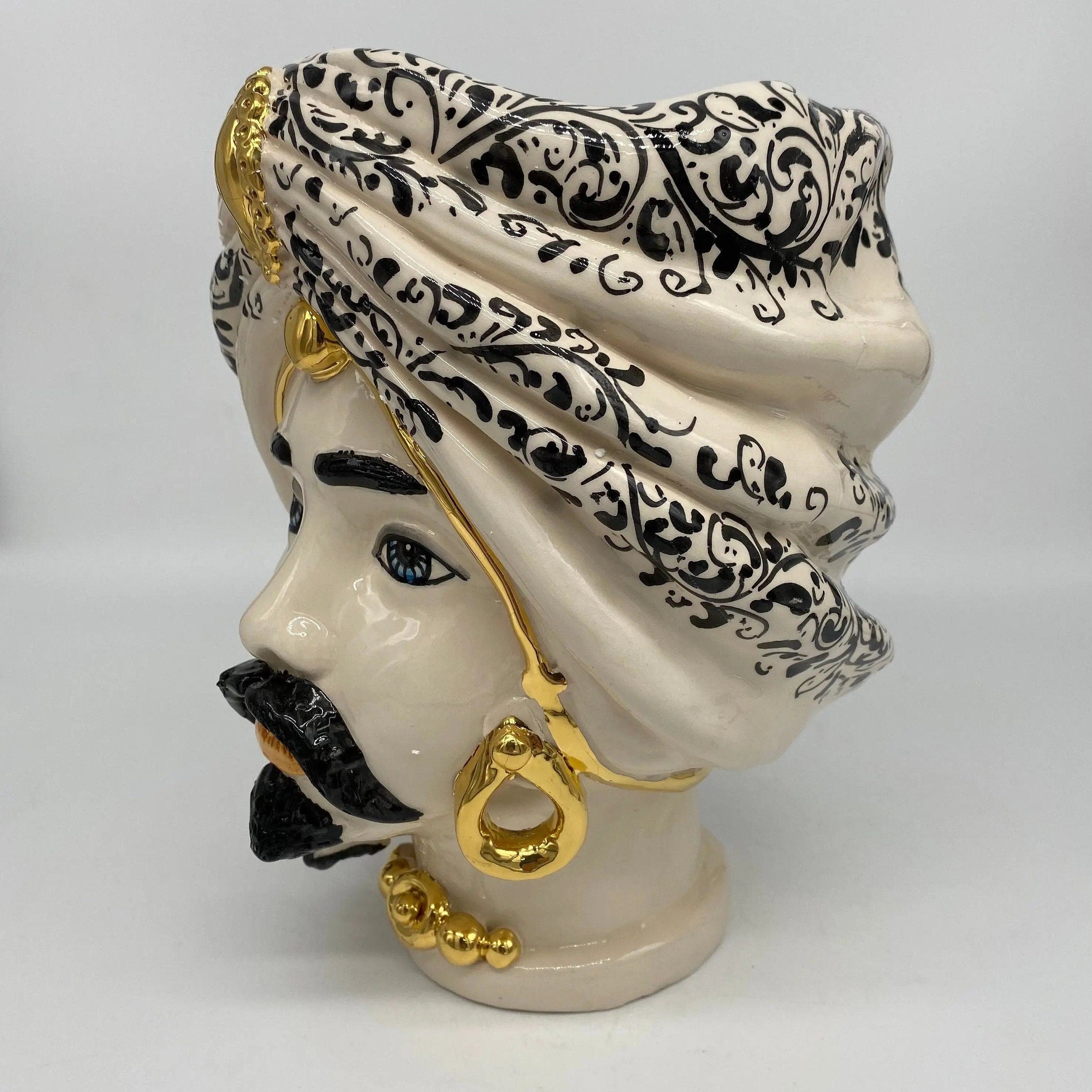 Teste di Moro Atena Ceramica Caltagirone cm H.24 L.18 Artigianale Bianco Decoro Barocco Oro DD CERAMICHE SICILIANE