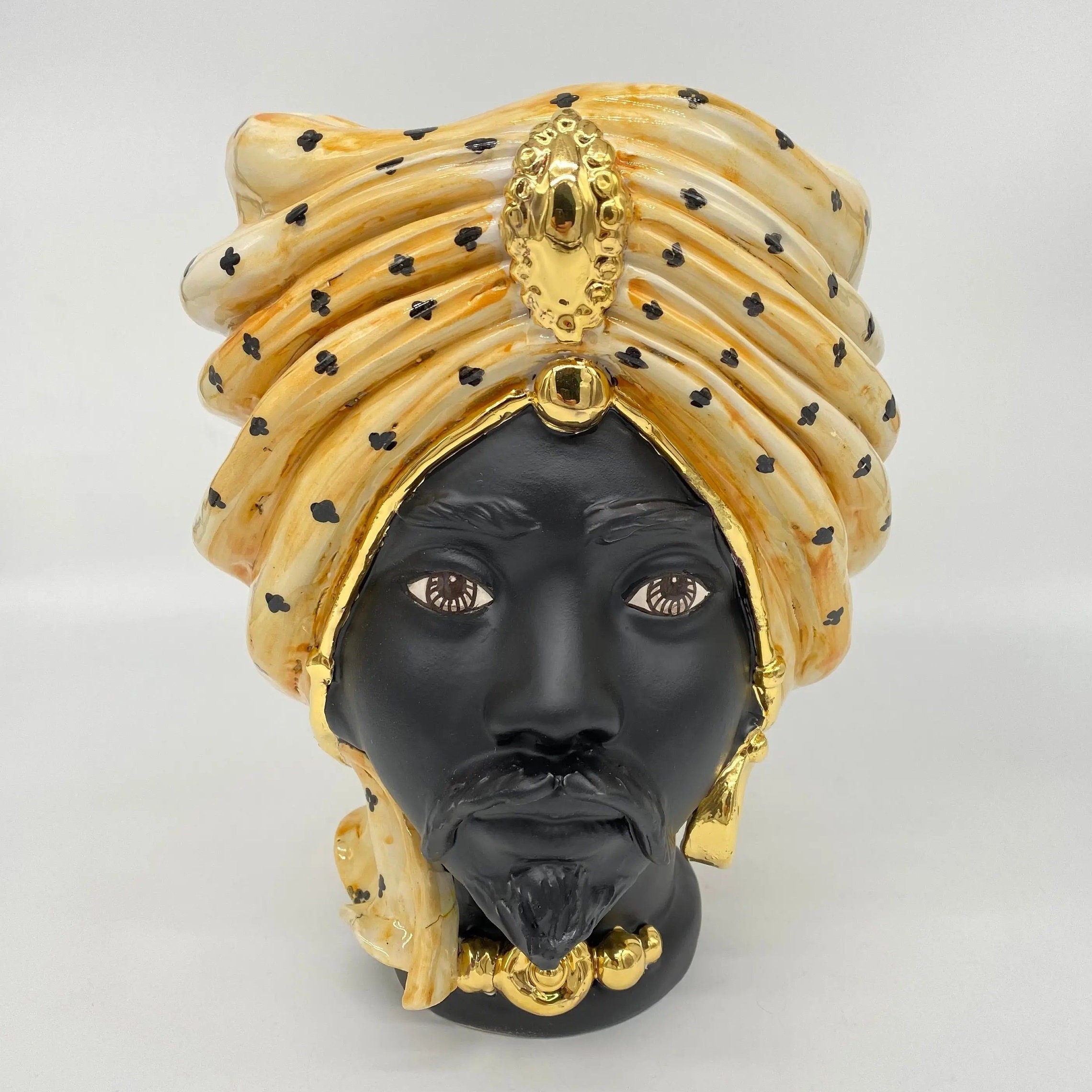 Teste di Moro Atena Ceramica Caltagirone cm H.24 L.18 Artigianale Arancio Pois Nero Oro DD CERAMICHE SICILIANE
