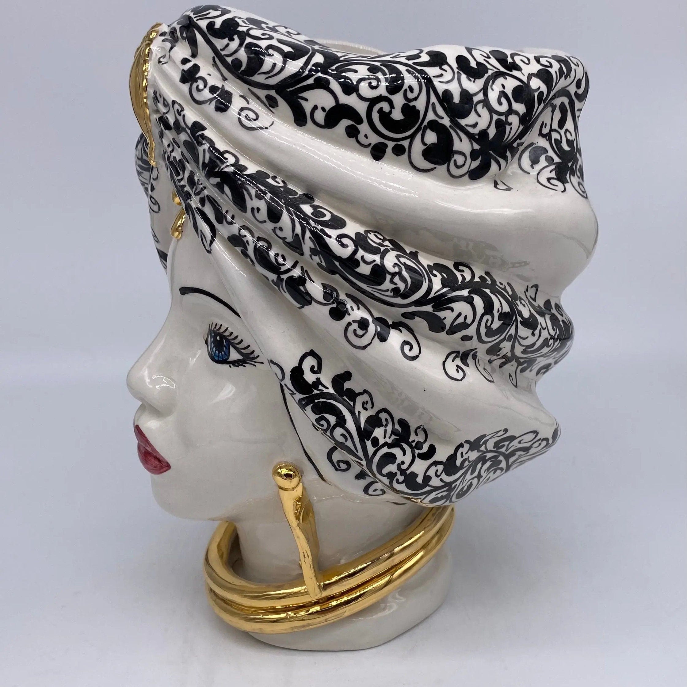 Teste di Moro Atena Ceramica Caltagirone cm H.24 L.18 Artigianale Opaco Bianco Barocco Oro DD CERAMICHE SICILIANE