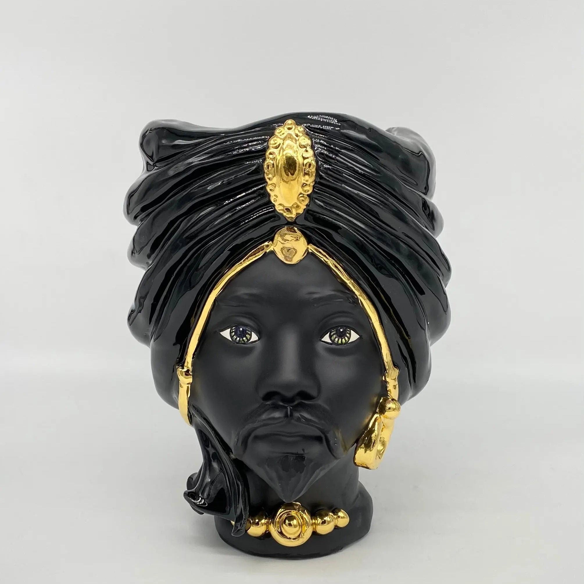 Teste di Moro Atena Ceramica Caltagirone cm H.24 L.18 Artigianale Nero Oro DD CERAMICHE SICILIANE
