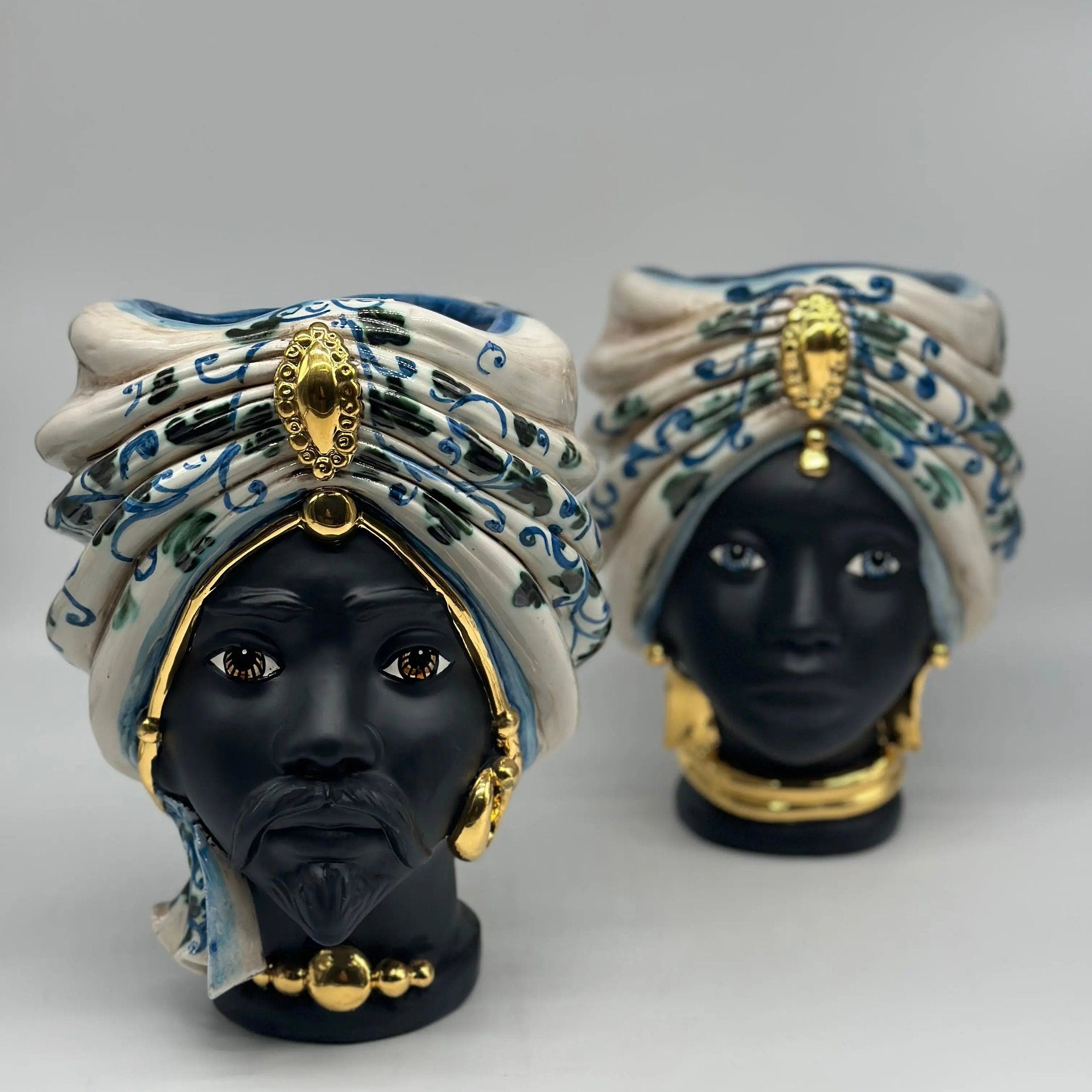 Teste di Moro Atena Ceramica Caltagirone cm H.24 L.18 Artigianale Bianco Barocco Blu Verde Oro DD CERAMICHE SICILIANE
