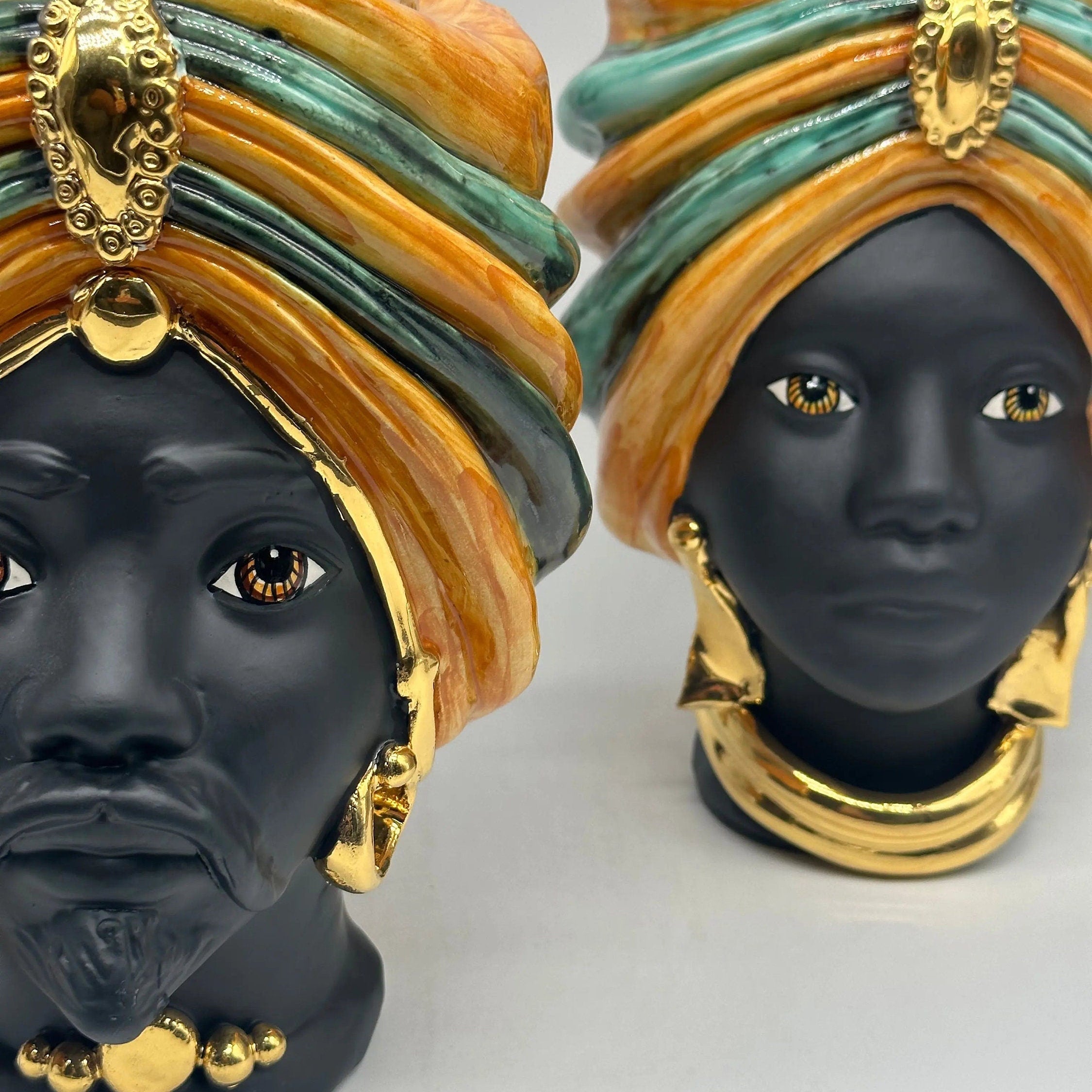 Teste di Moro Atena Ceramica Caltagirone cm H.24 L.18 Artigianale Ocra Verde Nero Oro DD CERAMICHE SICILIANE