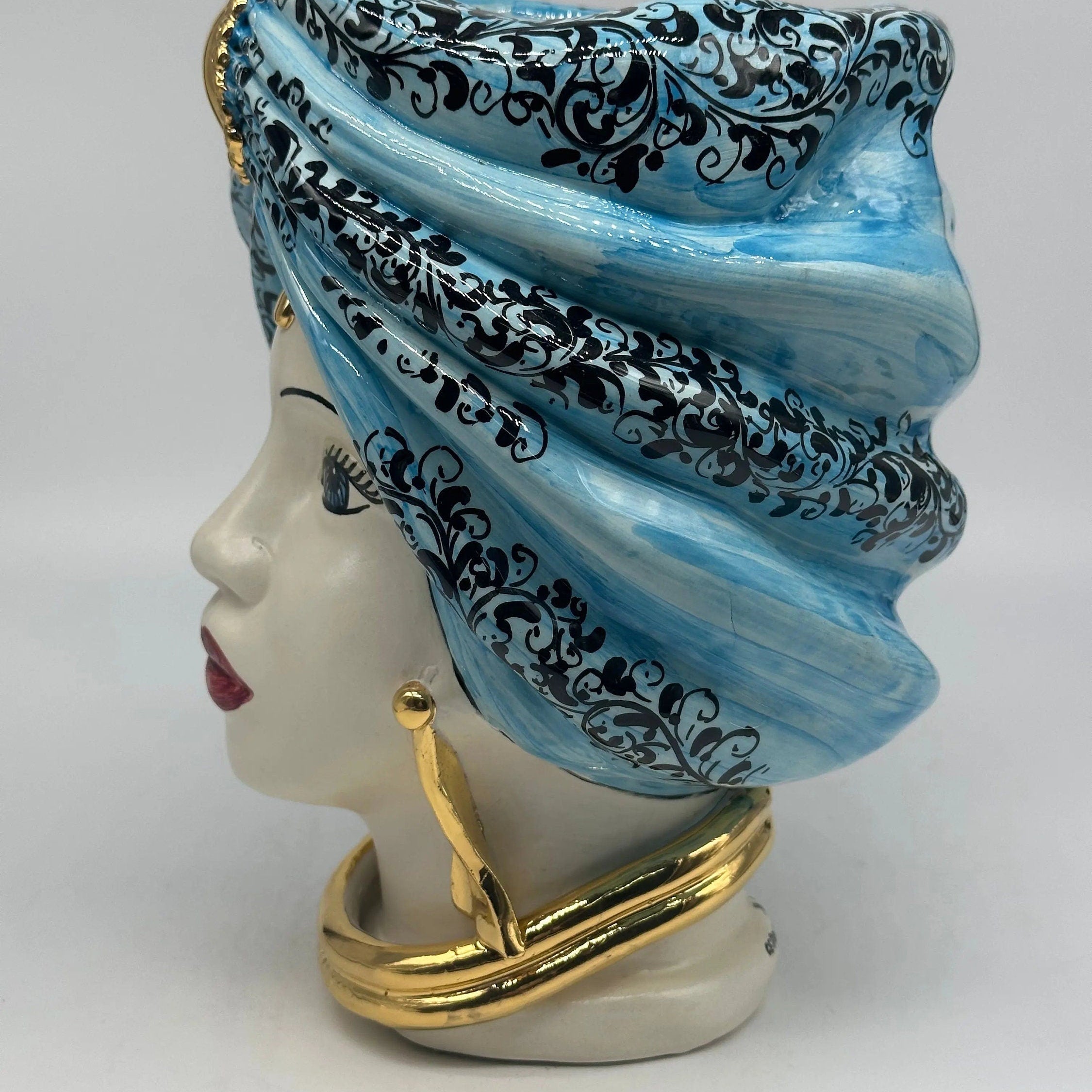 Teste di Moro Atena Ceramica Caltagirone cm H.24 L.18 Artigianale Opaco Celeste Barocco Oro DD CERAMICHE SICILIANE