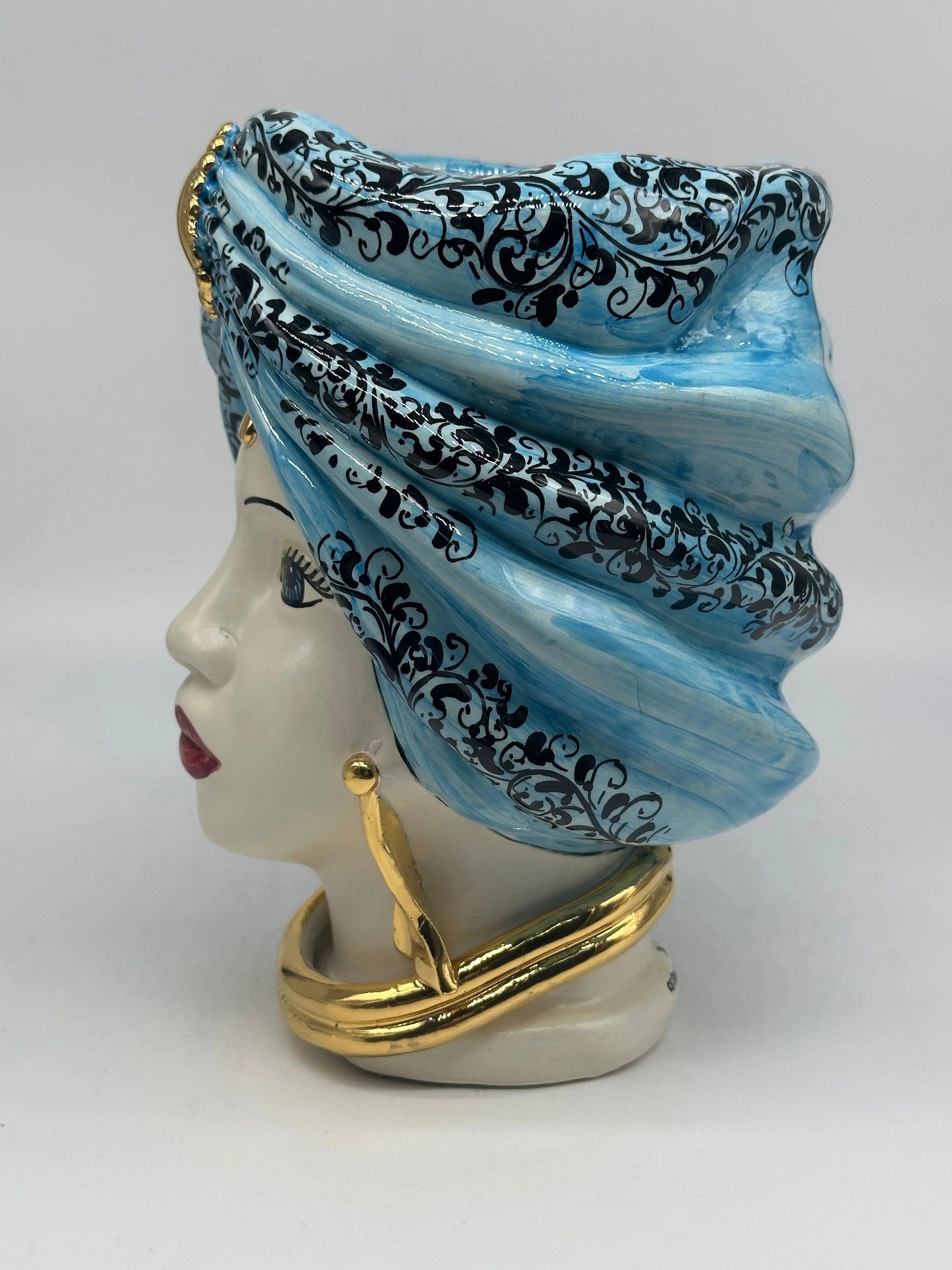 Teste di Moro Atena Ceramica Caltagirone cm H.24 L.18 Artigianale Opaco Celeste Barocco Oro DD CERAMICHE SICILIANE
