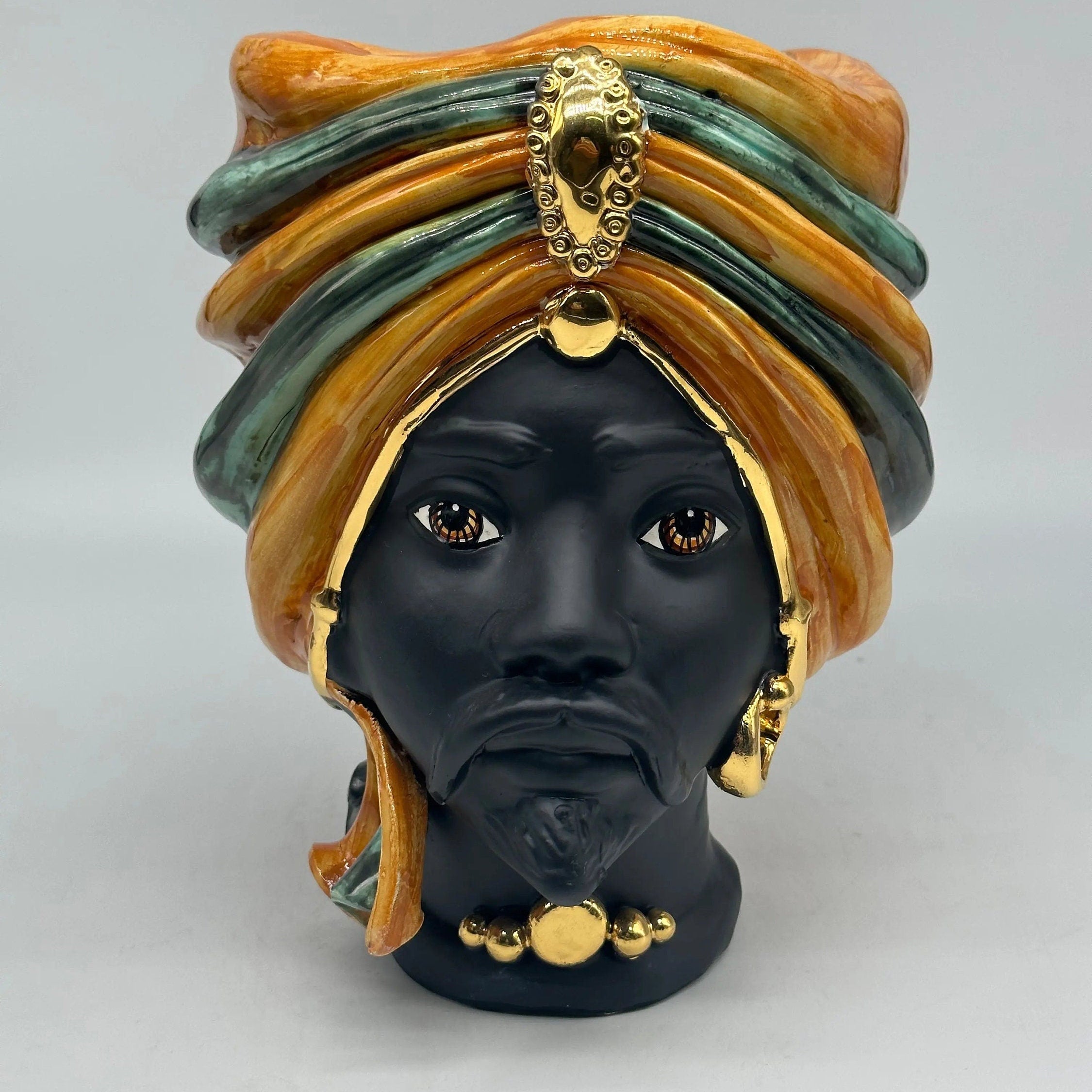 Teste di Moro Atena Ceramica Caltagirone cm H.24 L.18 Artigianale Ocra Verde Nero Oro DD CERAMICHE SICILIANE