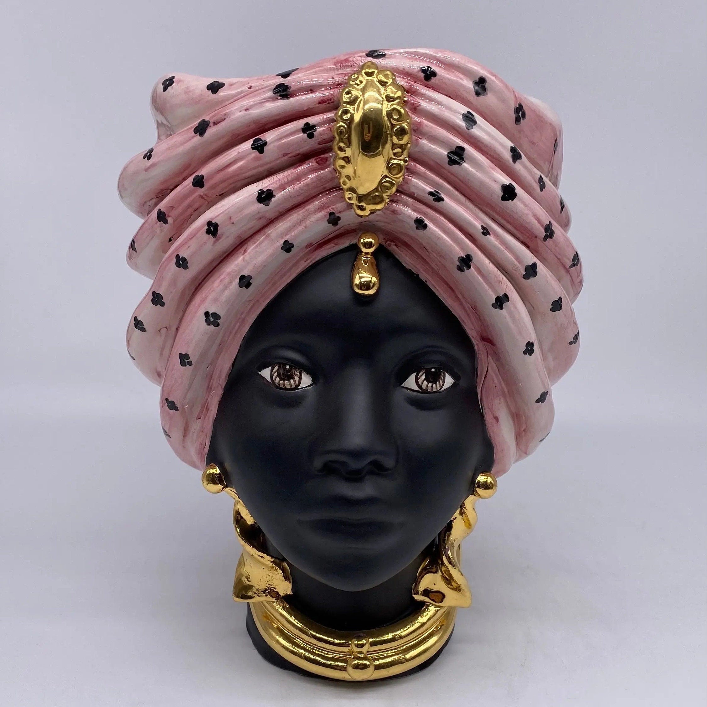 Teste di Moro Atena Ceramica Caltagirone cm H.24 L.18 Artigianale Rosa Pois Nero Oro DD CERAMICHE SICILIANE