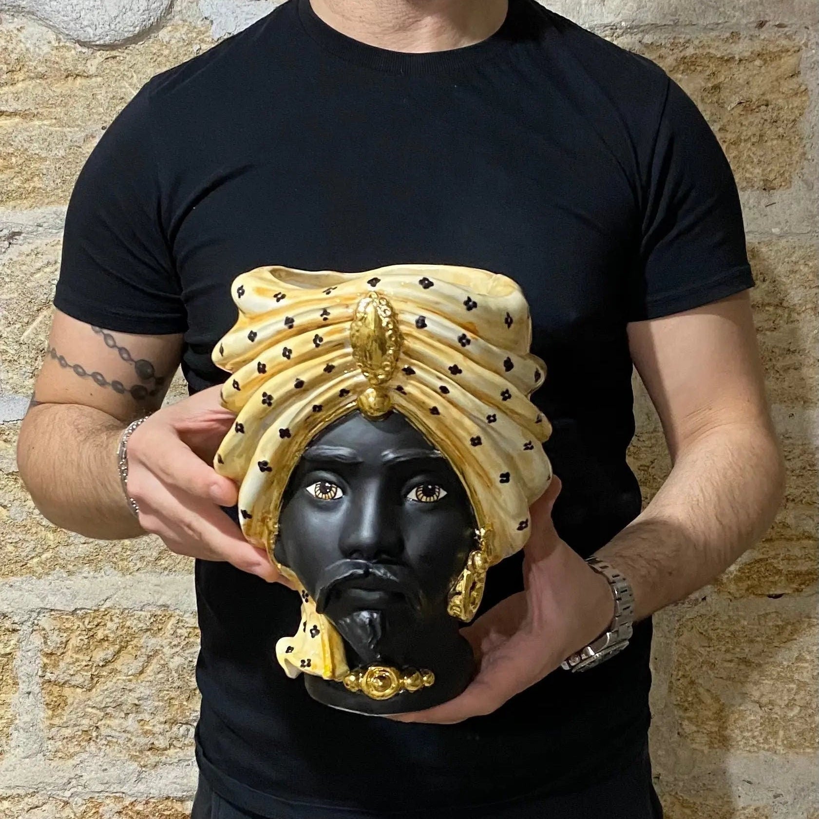 Teste di Moro Atena Ceramica Caltagirone cm H.24 L.18 Artigianale Arancio Pois Nero Oro DD CERAMICHE SICILIANE