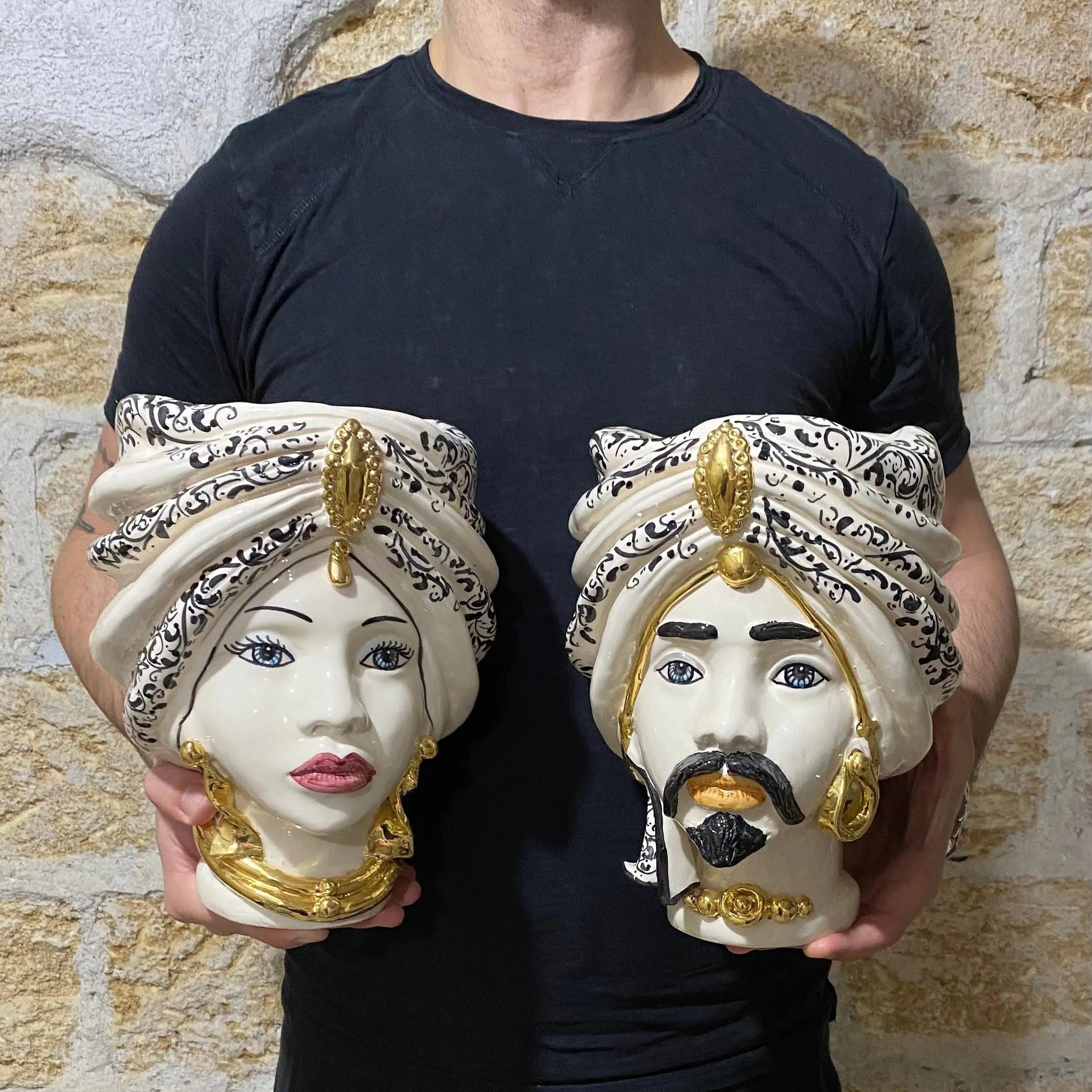 Teste di Moro Atena Ceramica Caltagirone cm H.24 L.18 Artigianale Bianco Decoro Barocco Oro DD CERAMICHE SICILIANE