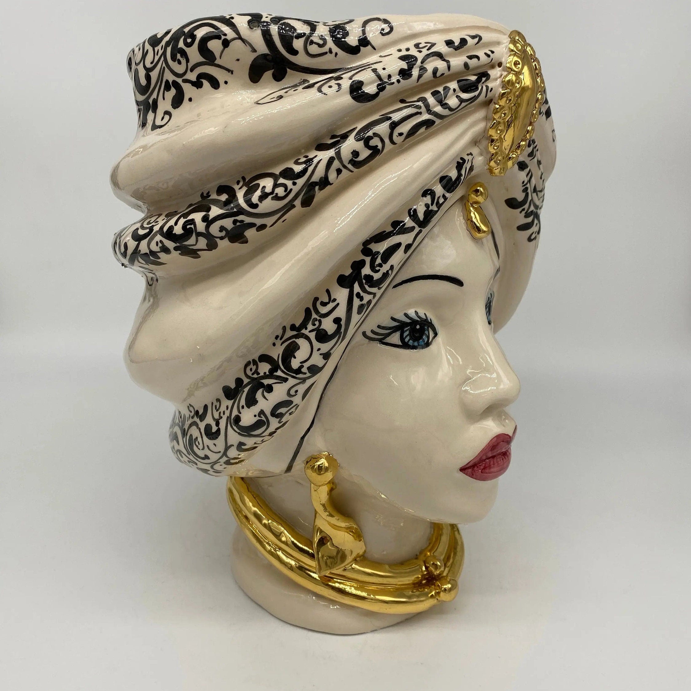 Teste di Moro Atena Ceramica Caltagirone cm H.24 L.18 Artigianale Bianco Decoro Barocco Oro DD CERAMICHE SICILIANE