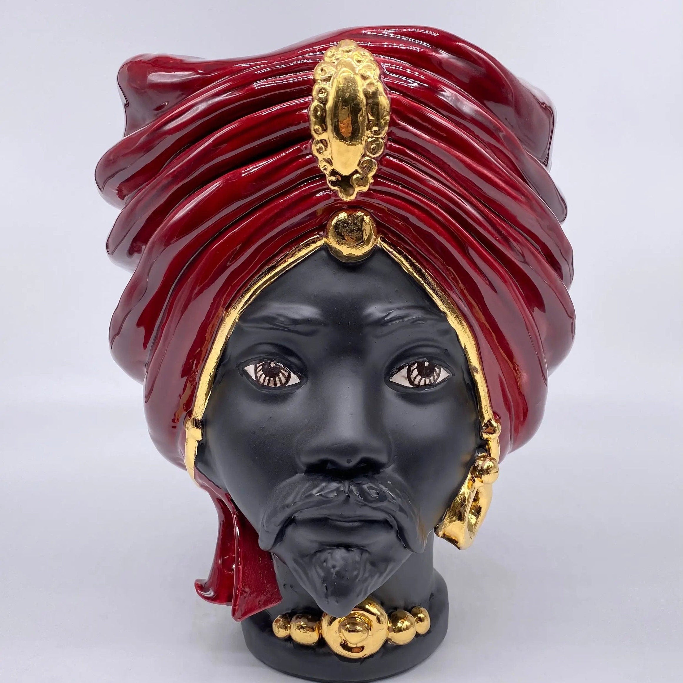 Teste di Moro Atena Ceramica Caltagirone cm H.24 L.18 Artigianale Bordeaux Opaco Oro DD CERAMICHE SICILIANE
