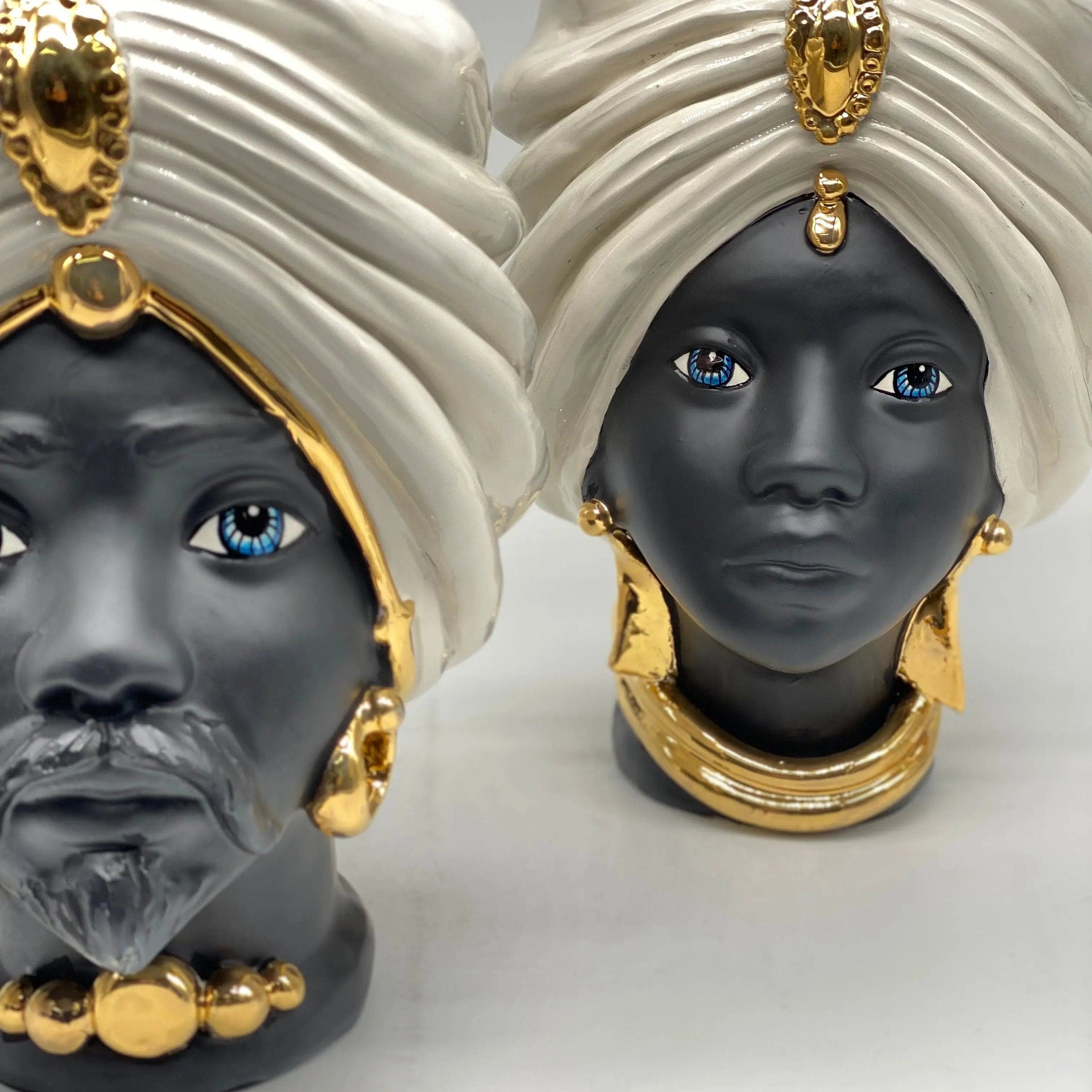 Teste di Moro Atena Ceramica Caltagirone cm H.24 L.18 Artigianale Bianco Nero Oro DD CERAMICHE SICILIANE