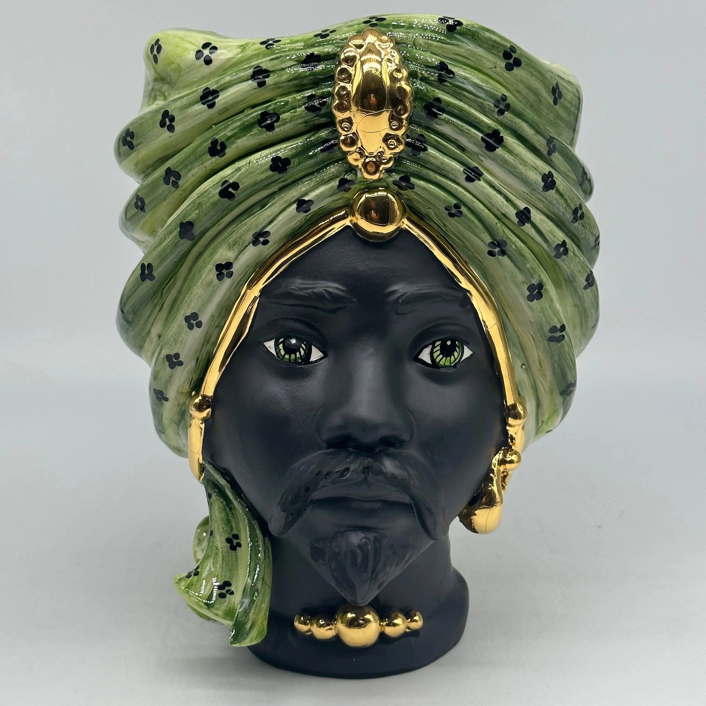 Teste di Moro Atena Ceramica Caltagirone cm H.24 L.18 Artigianale Verde Pois Nero Oro DD CERAMICHE SICILIANE