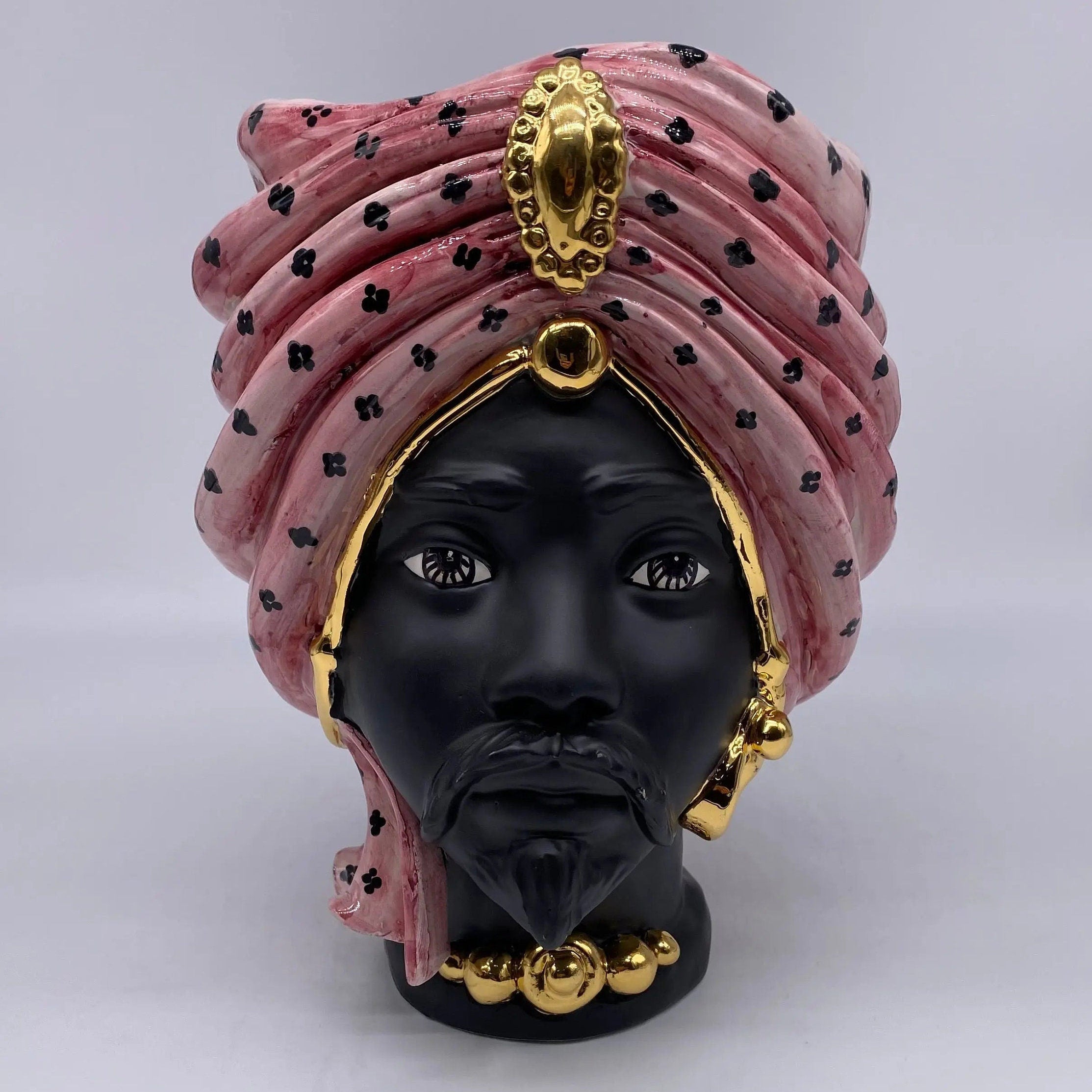 Teste di Moro Atena Ceramica Caltagirone cm H.24 L.18 Artigianale Rosa Pois Nero Oro DD CERAMICHE SICILIANE