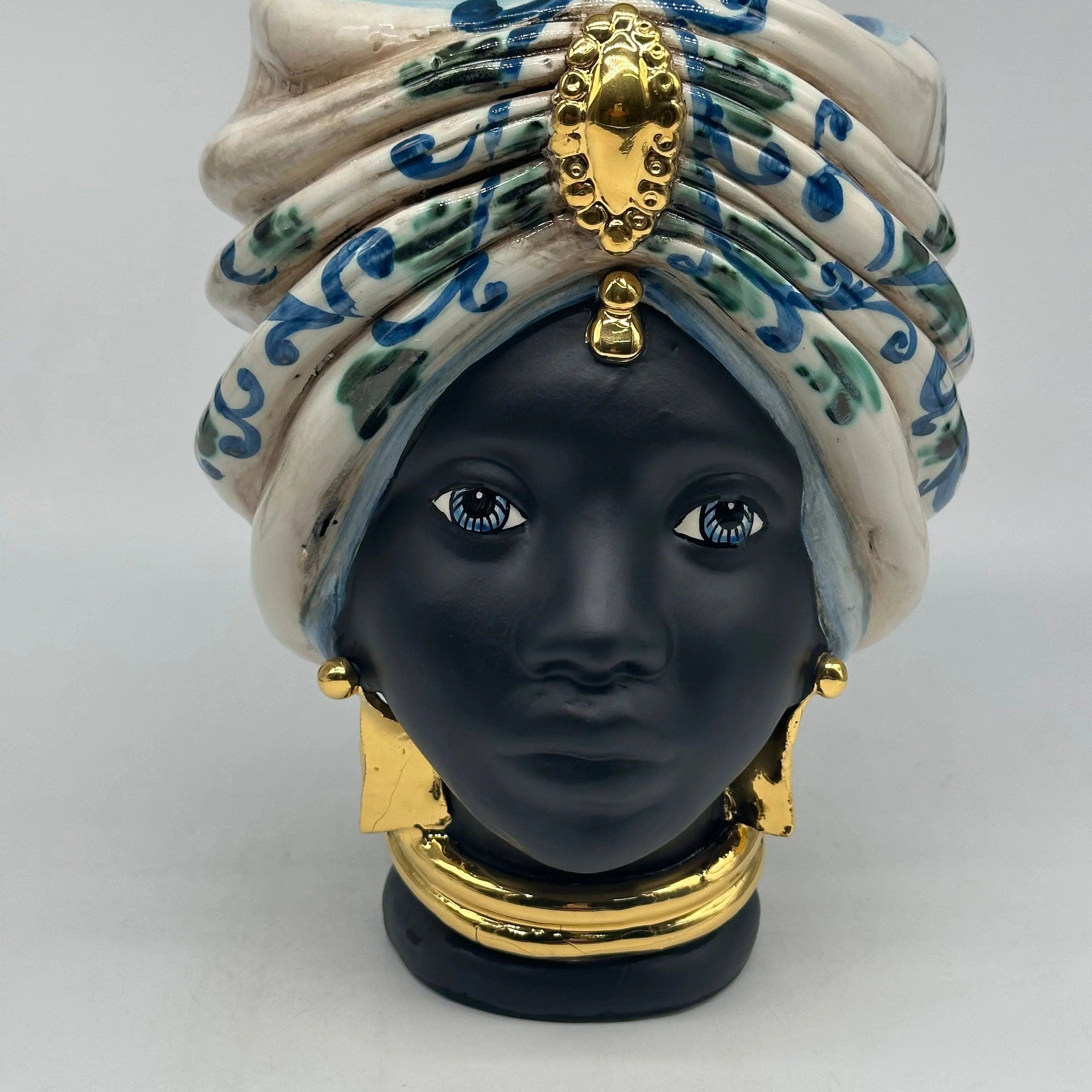 Teste di Moro Atena Ceramica Caltagirone cm H.24 L.18 Artigianale Bianco Barocco Blu Verde Oro DD CERAMICHE SICILIANE