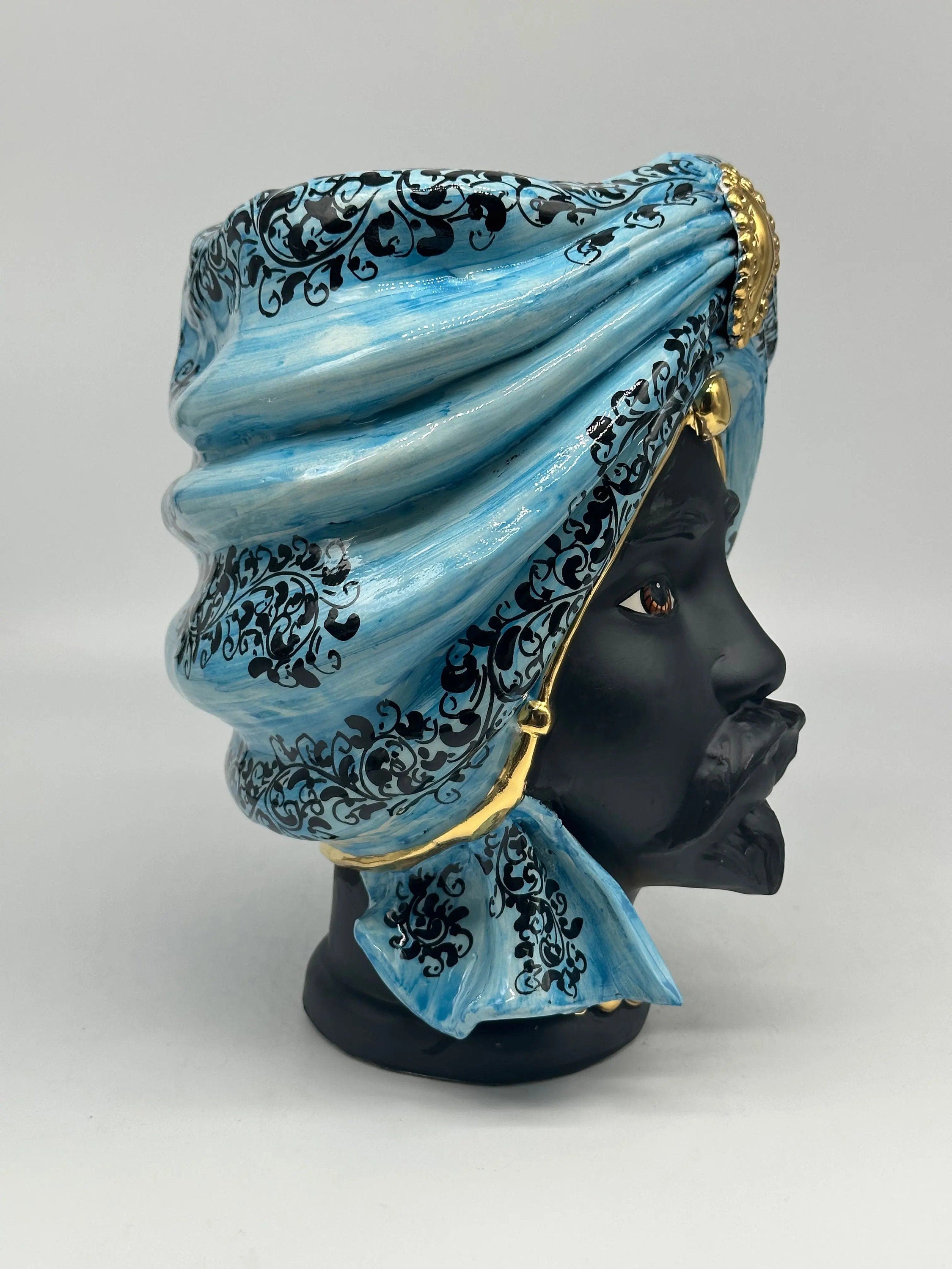 Teste di Moro Atena Ceramica Caltagirone cm H.24 L.18 Artigianale Opaco Celeste Barocco Oro DD CERAMICHE SICILIANE