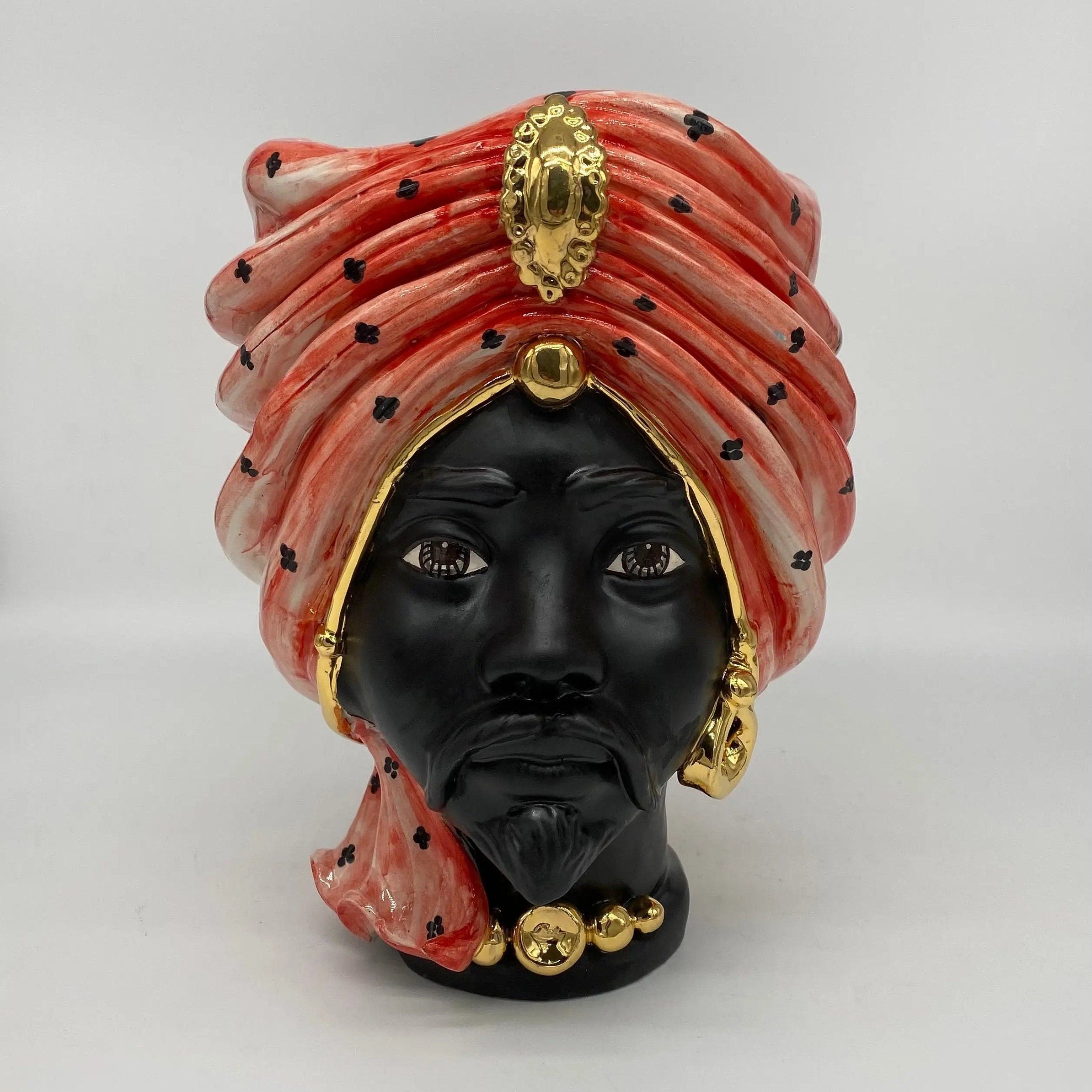 Teste di Moro Atena Ceramica Caltagirone cm H.24 L.18 Artigianale Rosso Pois Nero Oro DD CERAMICHE SICILIANE