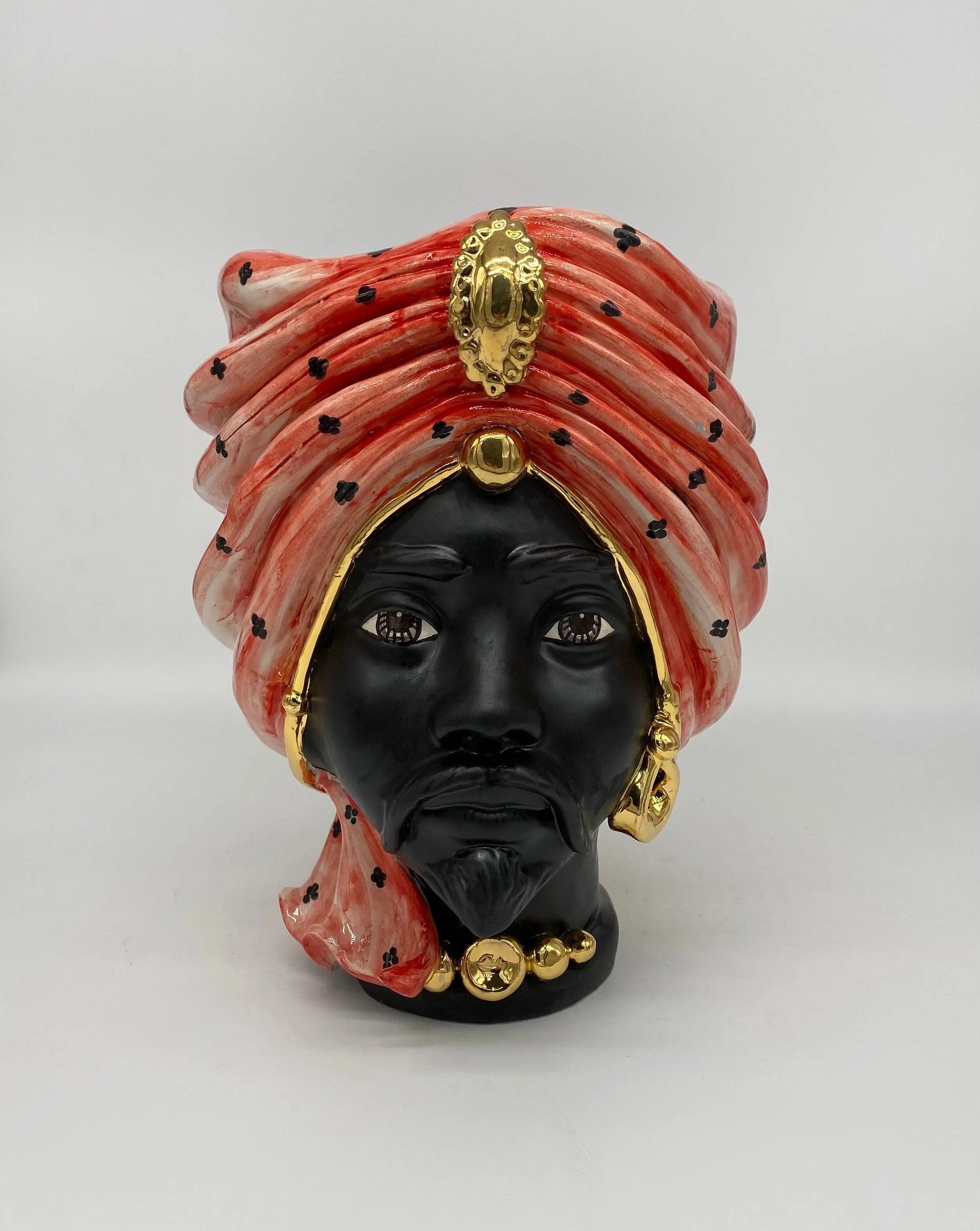 Teste di Moro Atena Ceramica Caltagirone cm H.24 L.18 Artigianale Rosso Pois Nero Oro DD CERAMICHE SICILIANE
