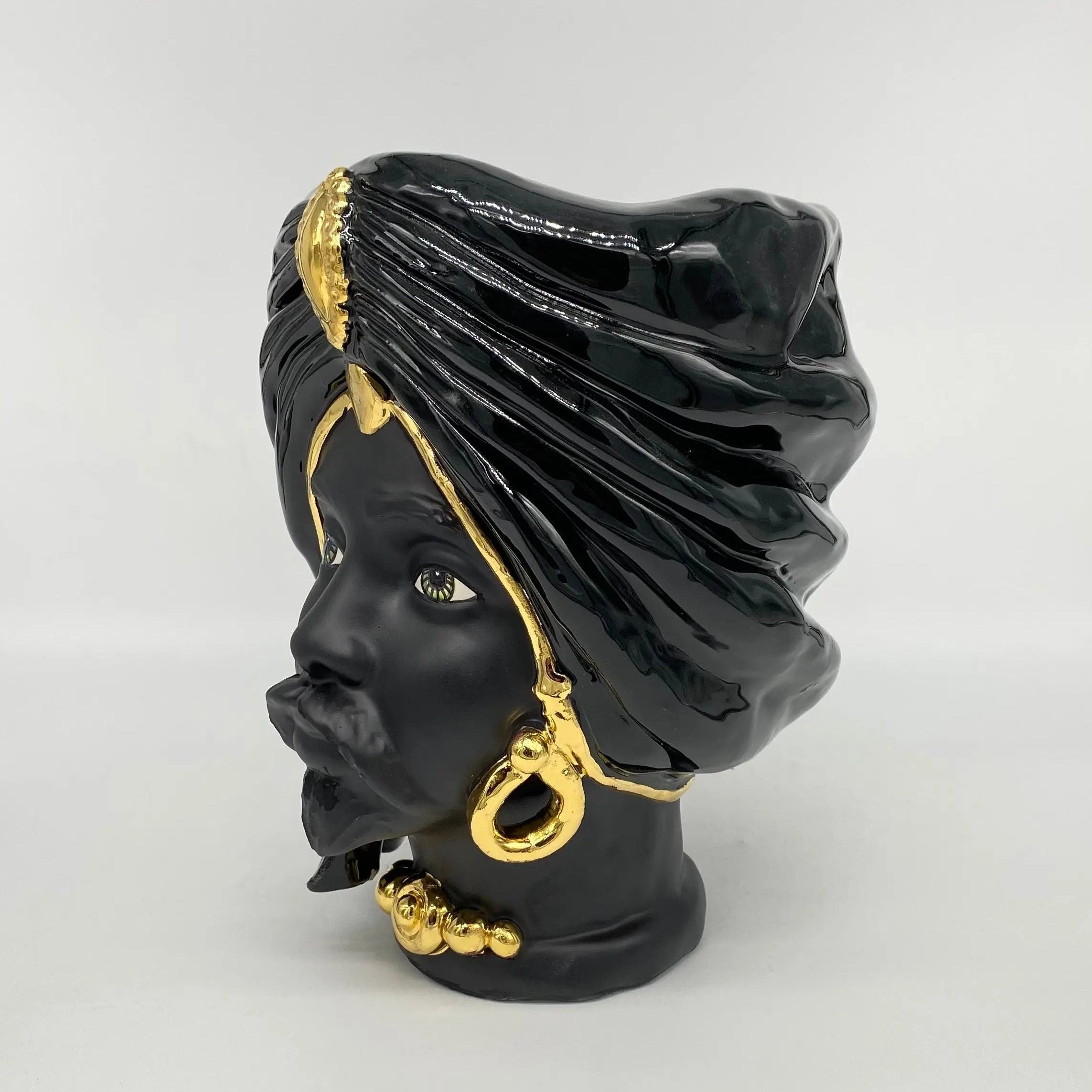 Teste di Moro Atena Ceramica Caltagirone cm H.24 L.18 Artigianale Nero Oro DD CERAMICHE SICILIANE