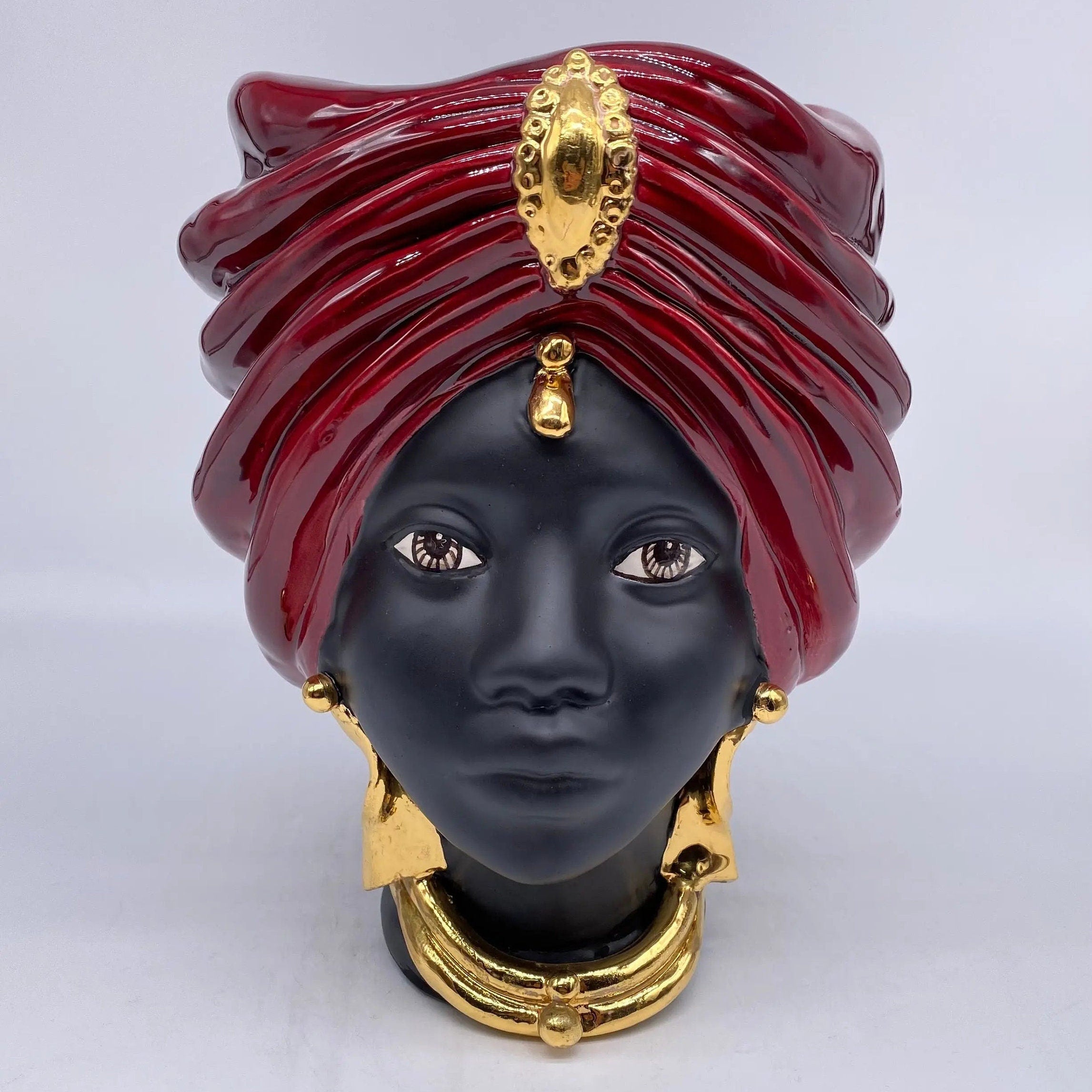 Teste di Moro Atena Ceramica Caltagirone cm H.24 L.18 Artigianale Bordeaux Opaco Oro DD CERAMICHE SICILIANE